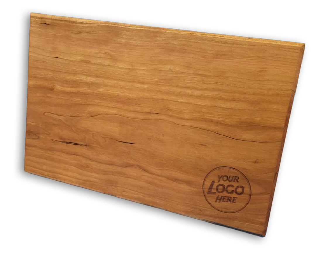 A solid cherry hardwood cutting board with a personalized engraved logo stating "Your Logo Here".