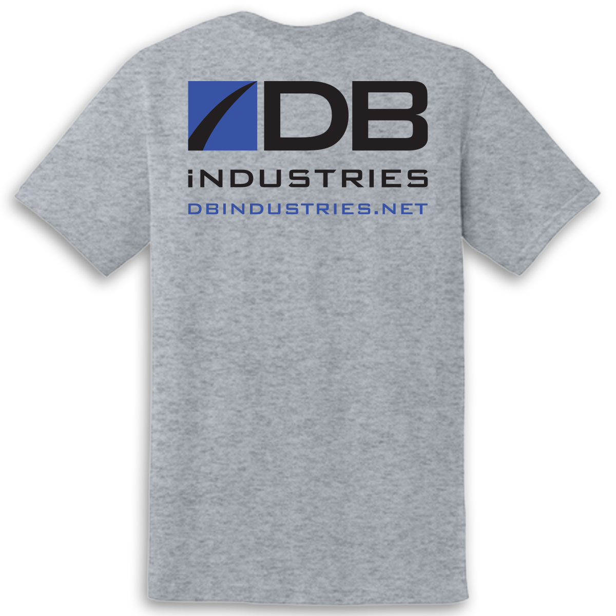 Gray t-shirt with black and blue logo and text reading 'DB Industries' and 'DBINDUSTRIES.NET'.