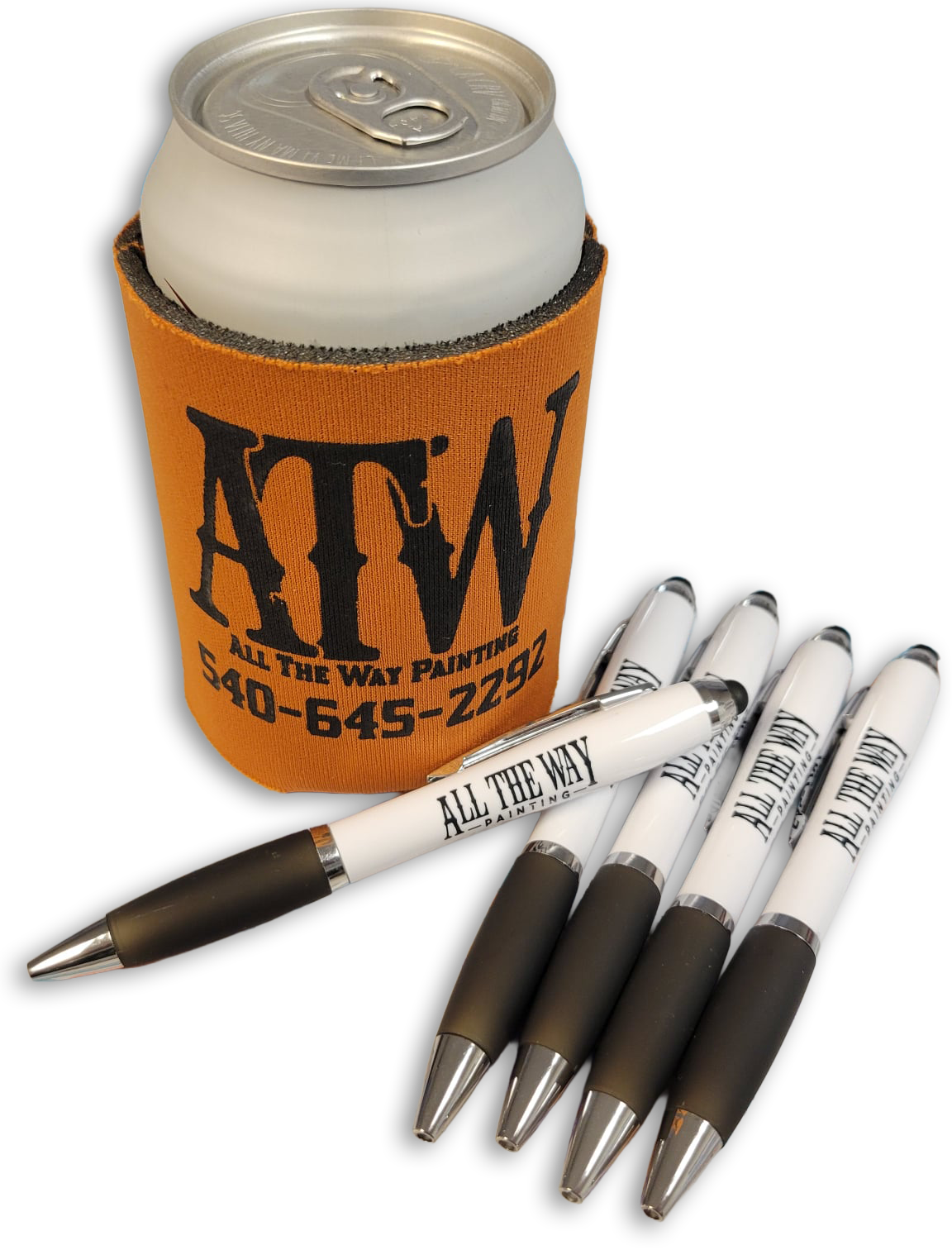 An orange can cooler with black text and phone number, containing a soda can, and five black and white promotional pens with the words "All the Way" and "Painting" inscribed on them.