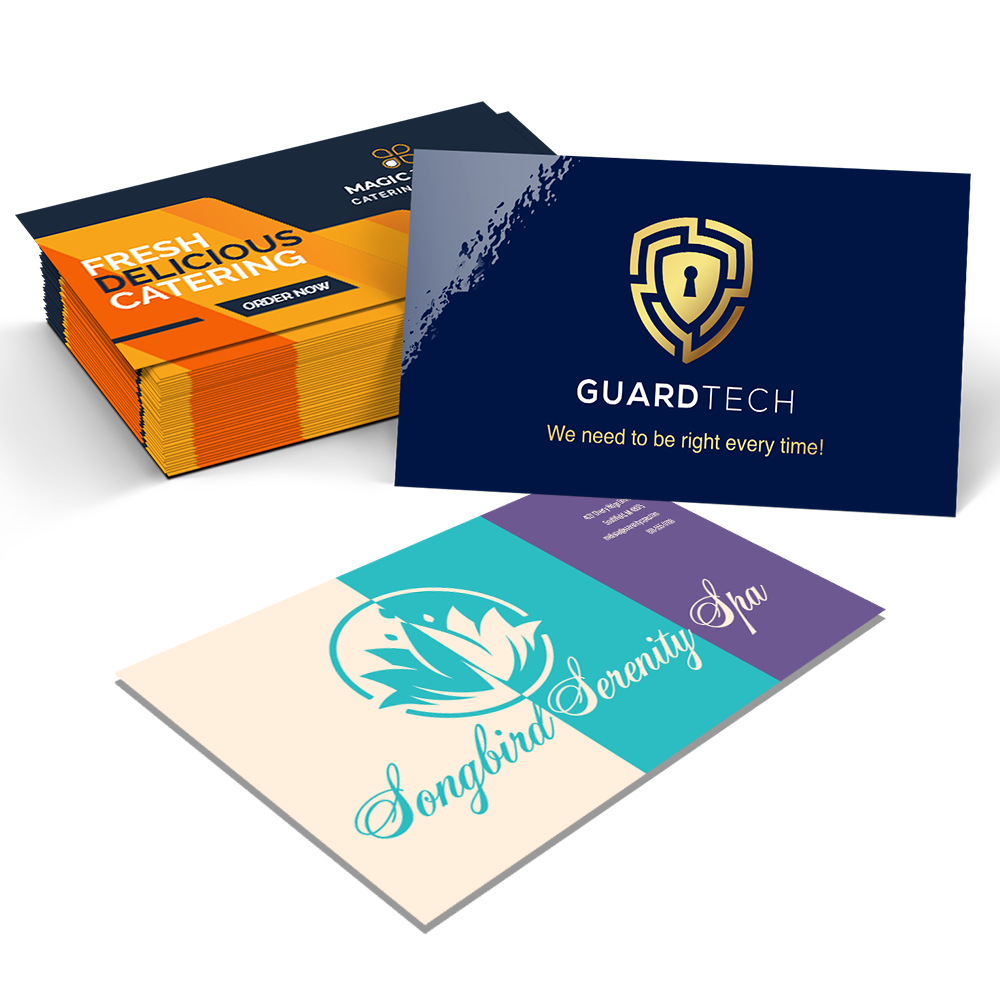 Collection of custom designed business cards for various companies, including a security firm, a catering service, and a spa, arranged on a black and purple surface.