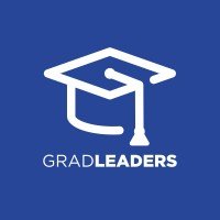 Logo with a graduation cap icon and the text 'Grad Leaders' in white on a blue background.