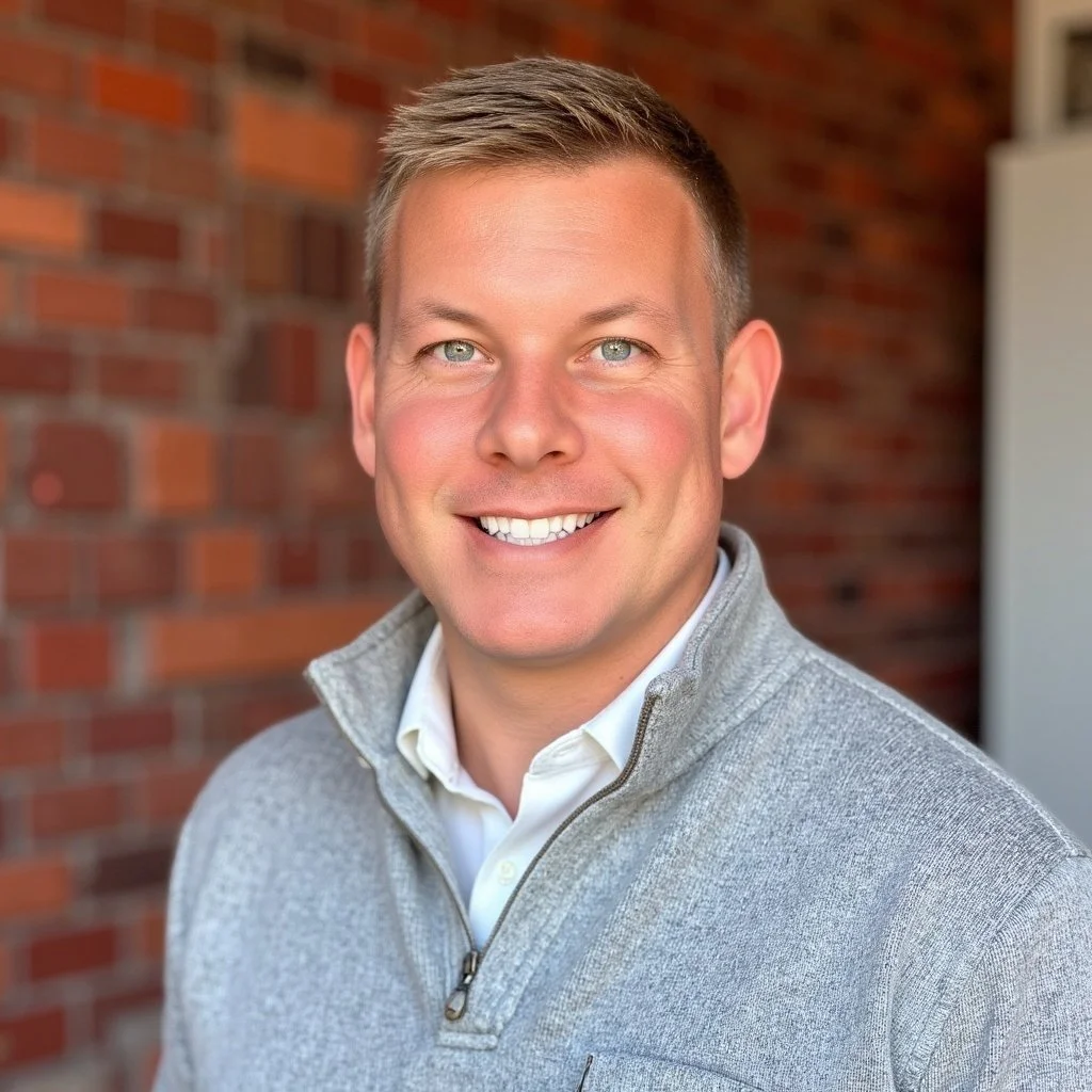 A man smiling outdoors in front of a brick wall, wearing a light gray quarter-zip sweater over a white collared shirt.