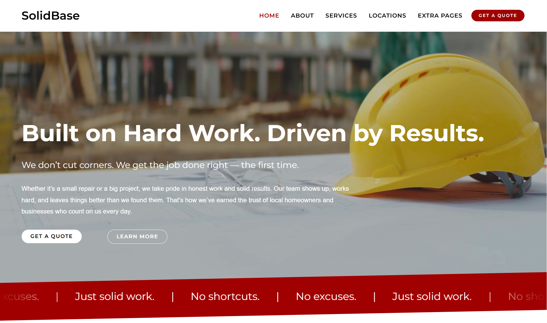 Homepage of SolidBase construction company website featuring a yellow safety helmet on a construction site background with text emphasizing hard work and results.