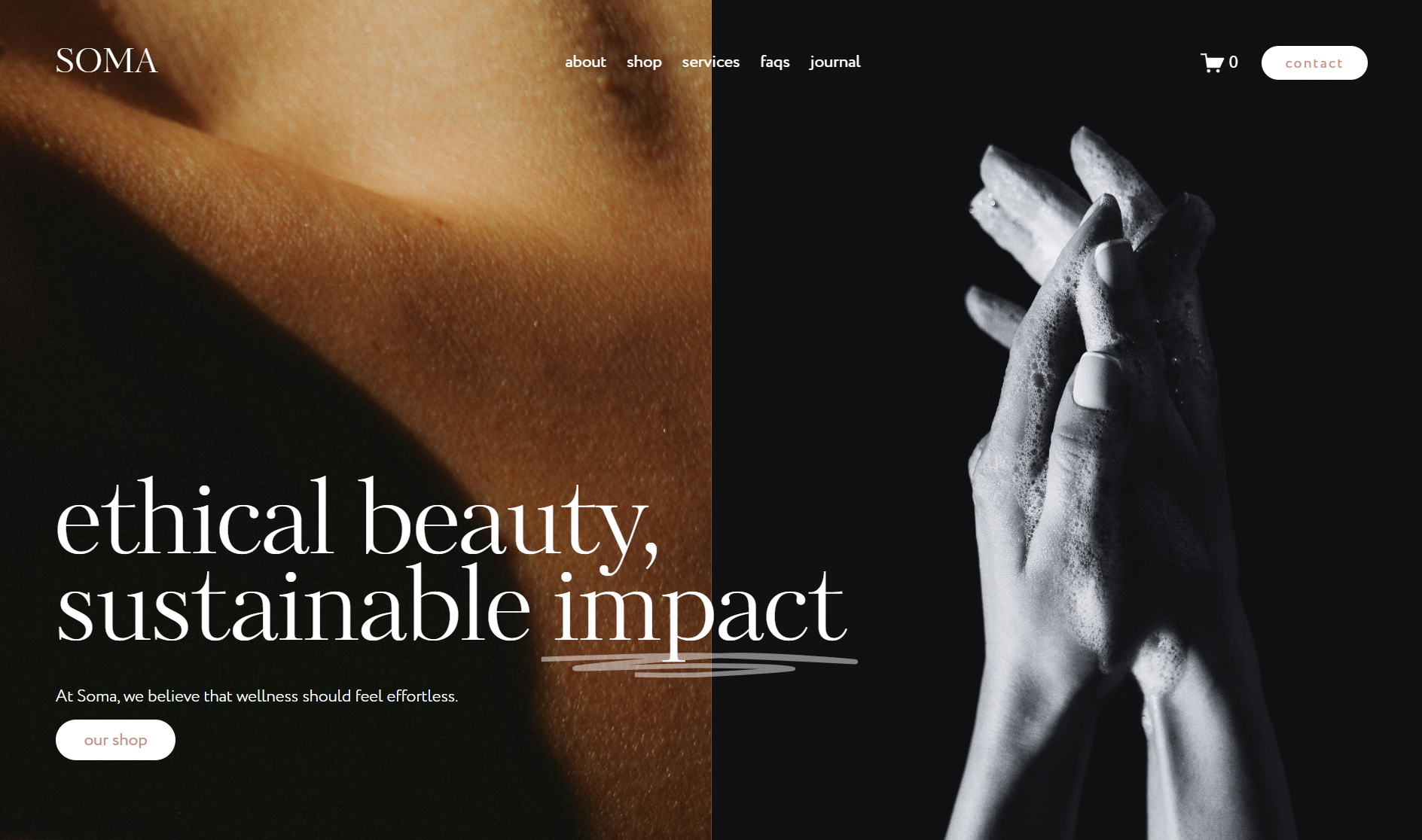 A split-screen webpage, left side features a close-up of skin, right side shows hands lathered with soap. Text overlay reads "ethical beauty, sustainable impact." Menu options include about, shop, services, FAQs, journal, and a shopping cart icon. A contact button and a shop button are also visible.