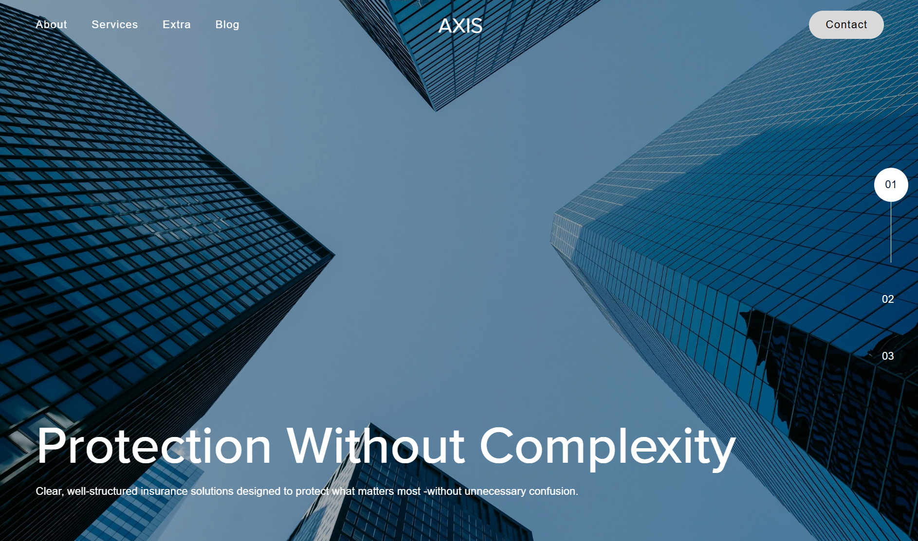 View from ground looking up at tall modern glass skyscrapers with blue-tinted windows against a clear sky, with the words "Protection Without Complexity" overlaid on the image.