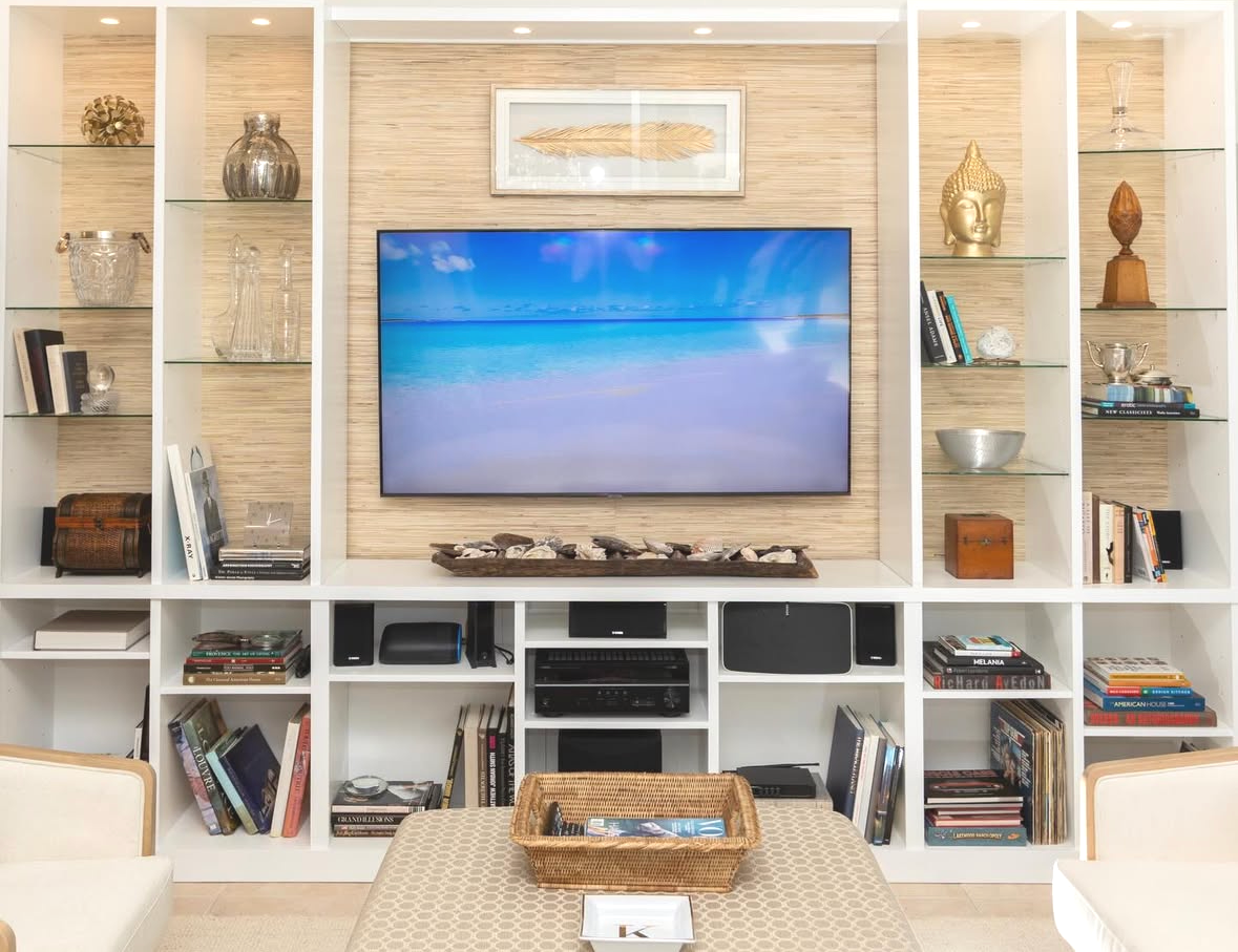 Kitt and Kaboodle interior styling project  custom built in shelving and TV wall  Lakewood Ranch Florida home