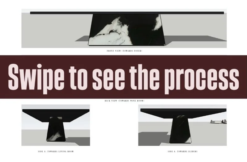Concept &bull; Study &bull; Refinement &bull; Reality
Custom Dining Table: Case Study

What began as a sculptural idea turned into the anchor of the room, and we&rsquo;re STOKED. 
Take note: a monolithic base in natural marble, rich with movement to 