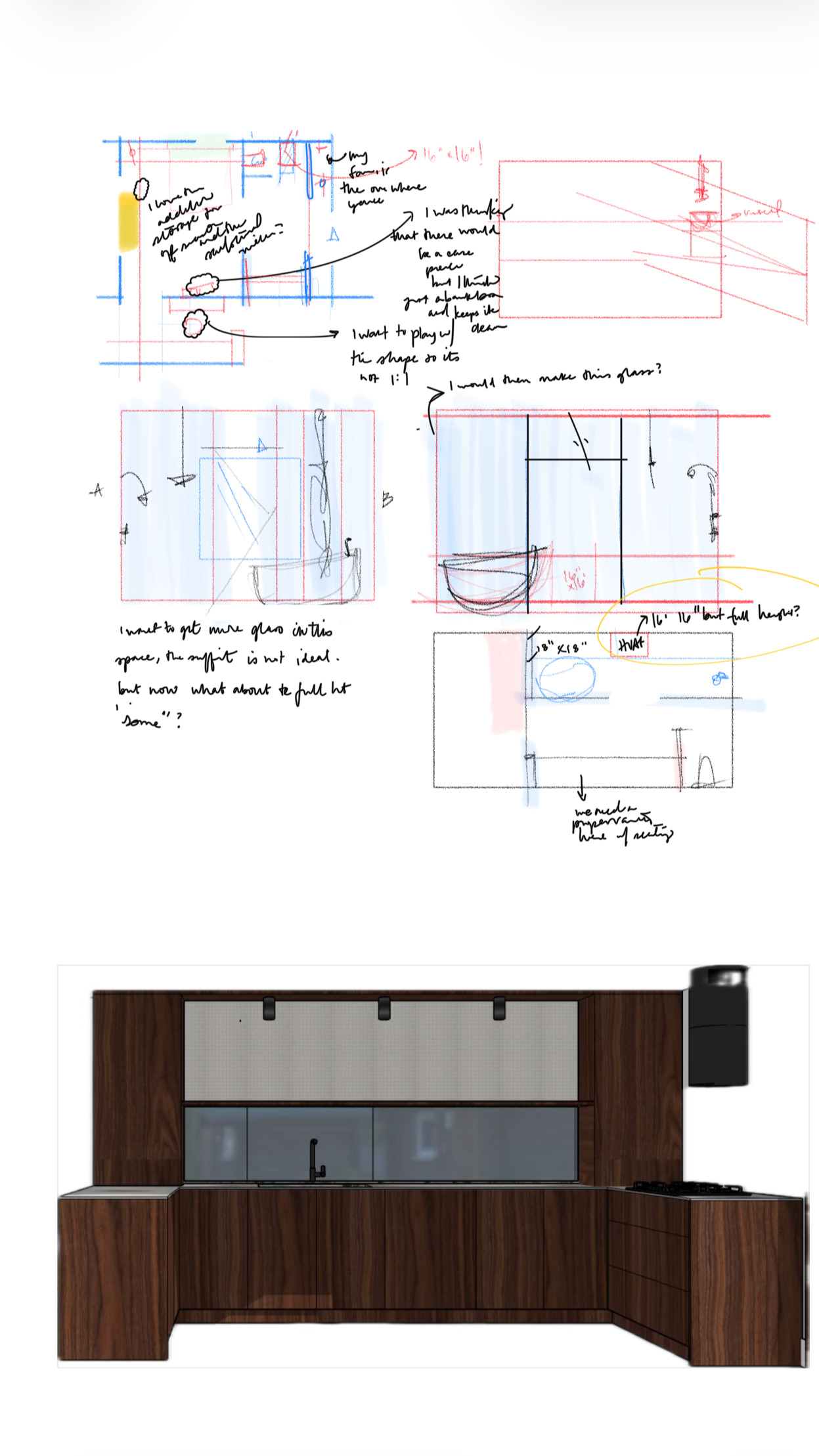 Behind the scenes image showing the designer's hand-drawings for ideation. Used to work out portions of the design that sometimes keeps them up at night. This showcases the in-progress vibe of the project, and an iteration of the remodeled kitchens.