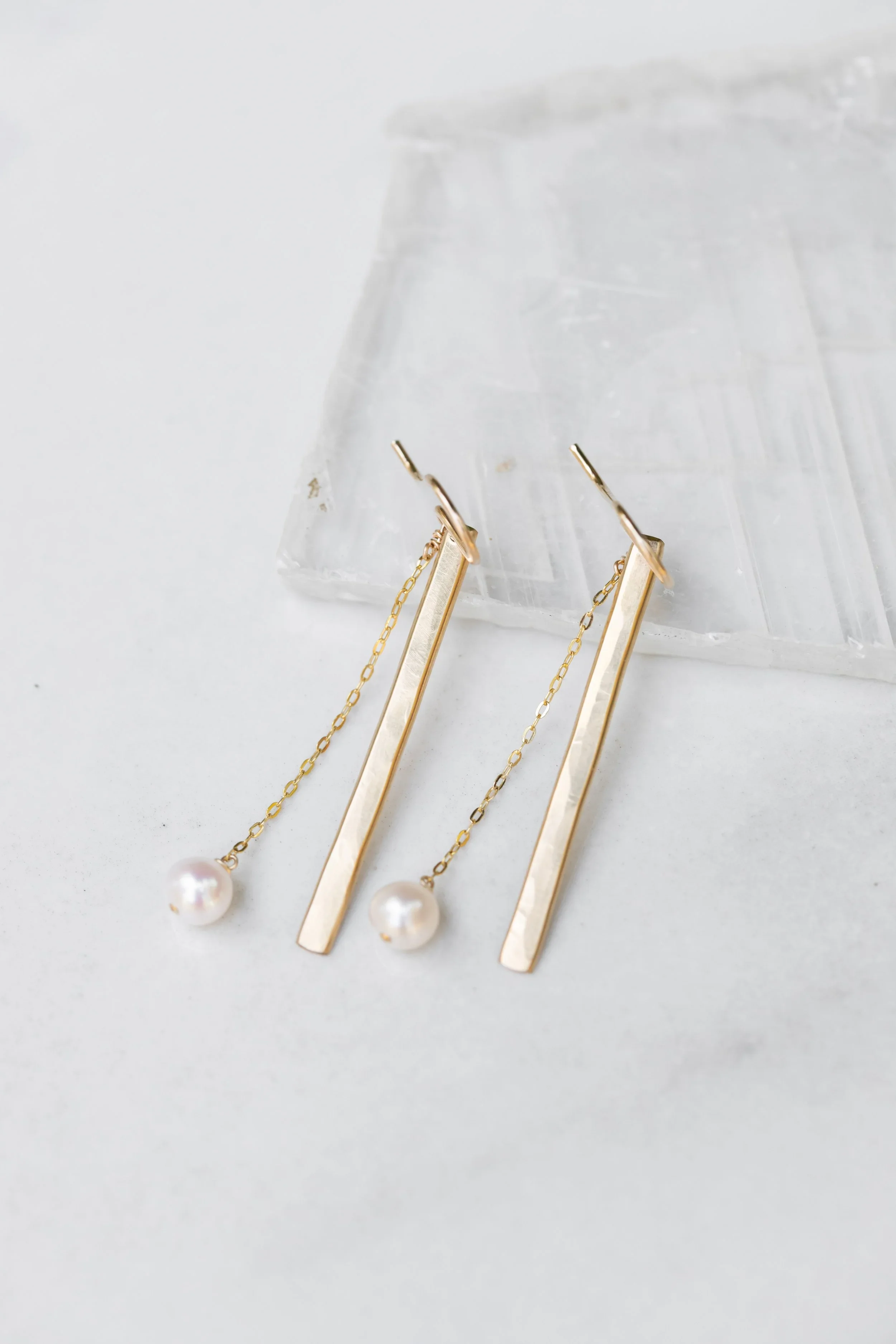 Hammered Bar with Pearl Earrings - Long