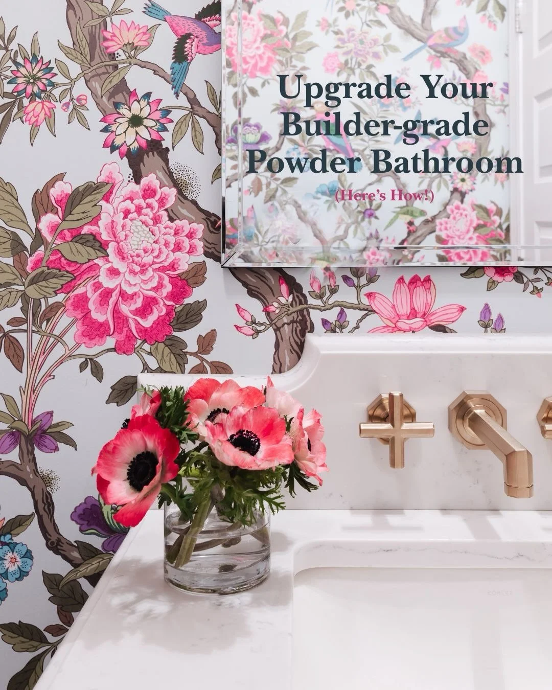 Now this is the moment.

That builder-grade powder room? Fully transformed into a jewel box of color, craft, and personality.

The star of the show is the wallpaper&mdash;an intricate, hand block printed design that wraps the room in movement and whi