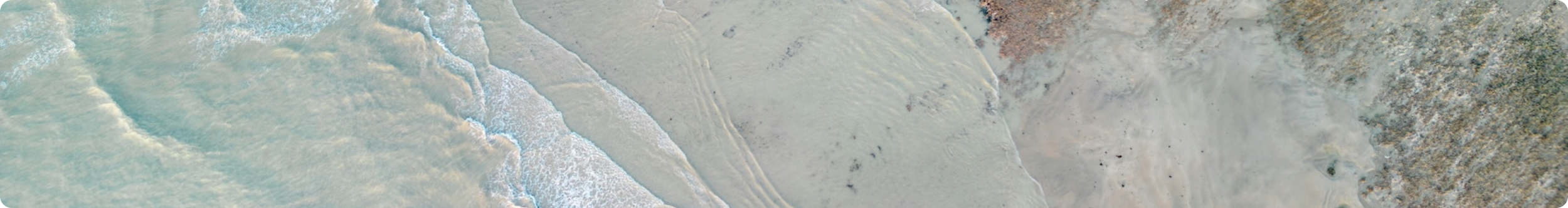 Aerial view of a beach with sand and waves.