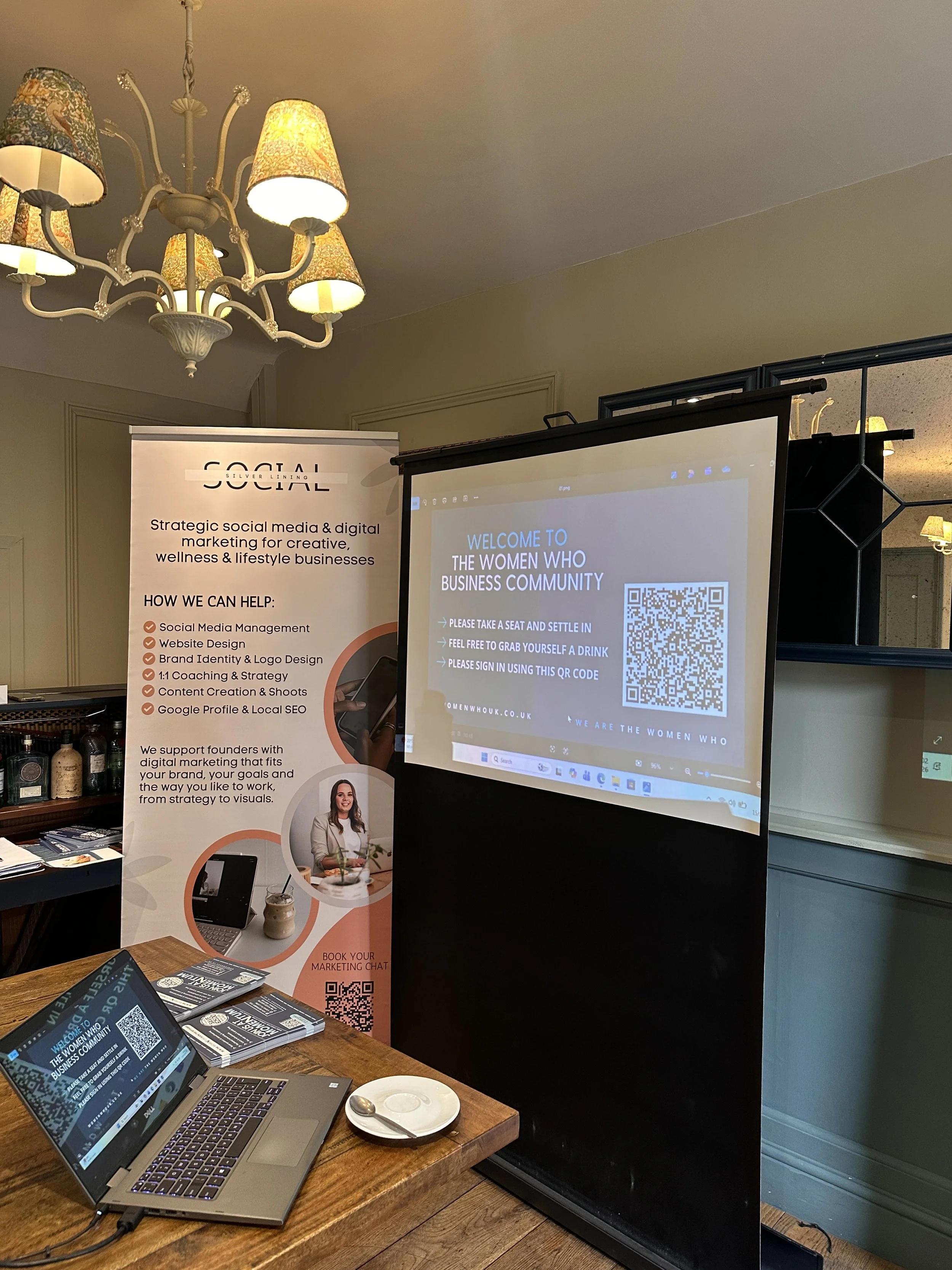 Silver Lining Social presentation setup at a Women Who Pershore business networking event