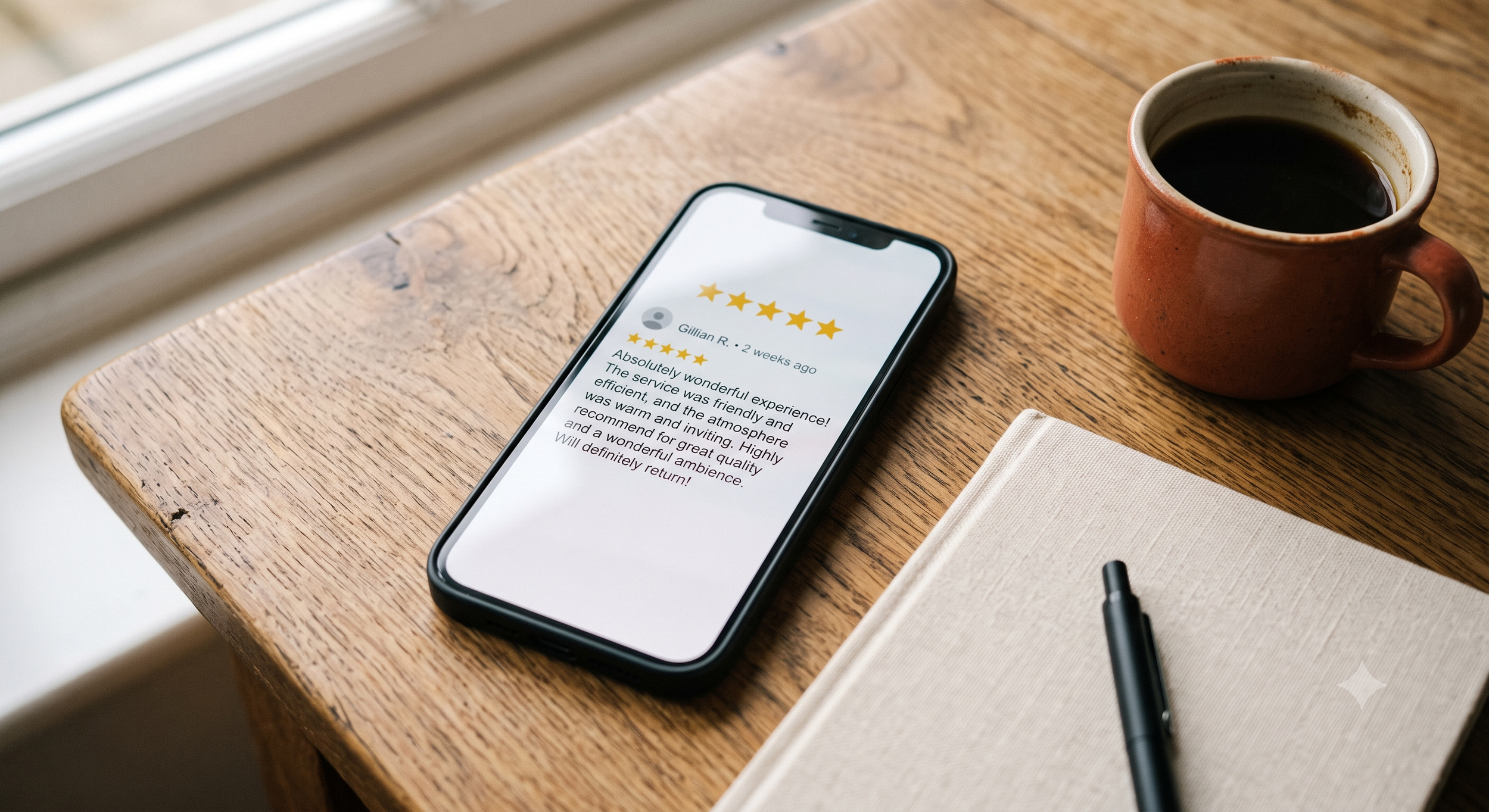 Close up of a phone screen showing a five star Google review