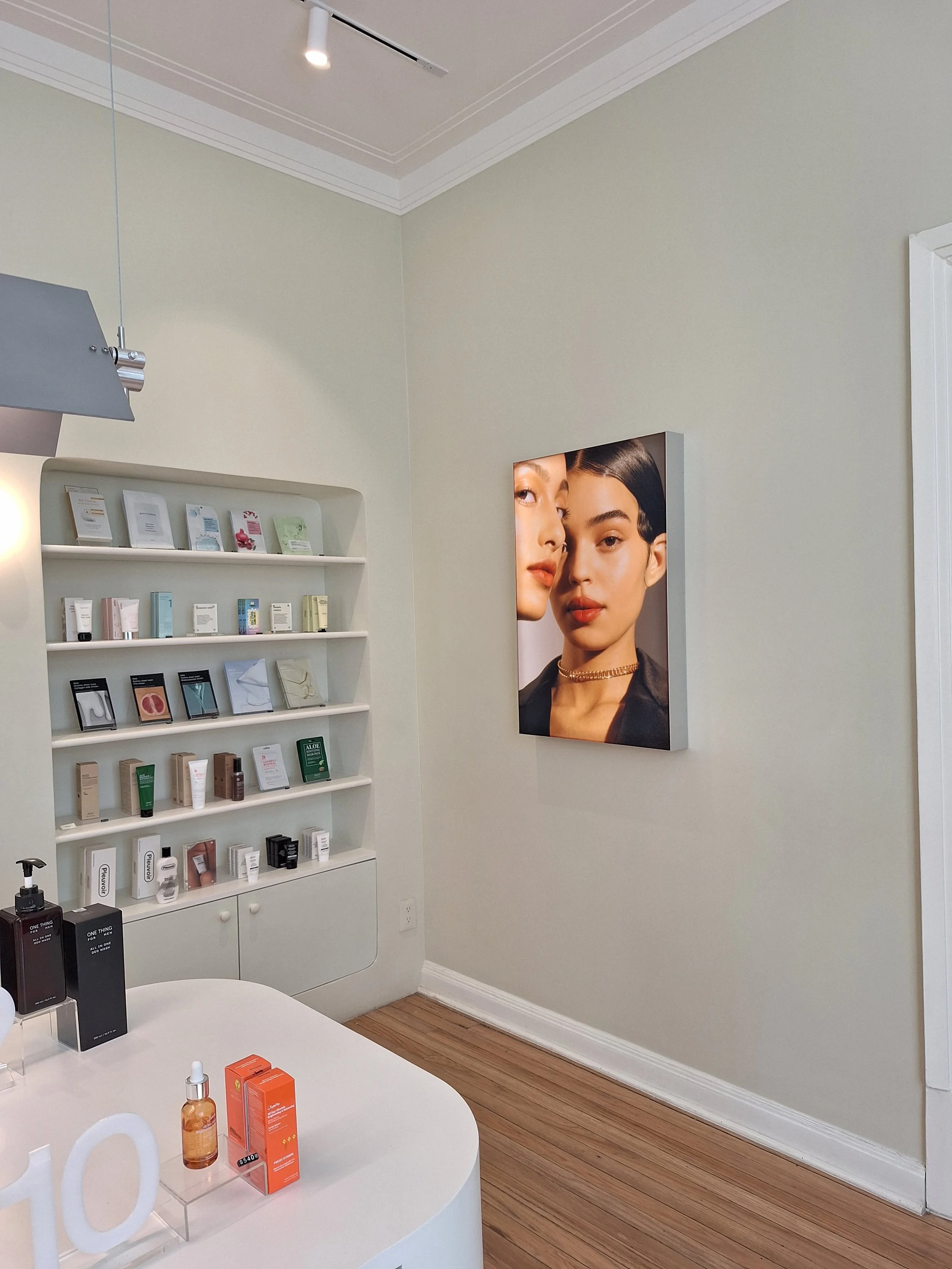 Independent beauty salon with skincare products displayed inside