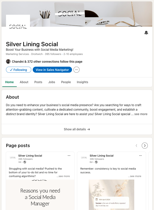 Silver Lining Social LinkedIn Business Page showing 395 followers — social media management Worcestershire