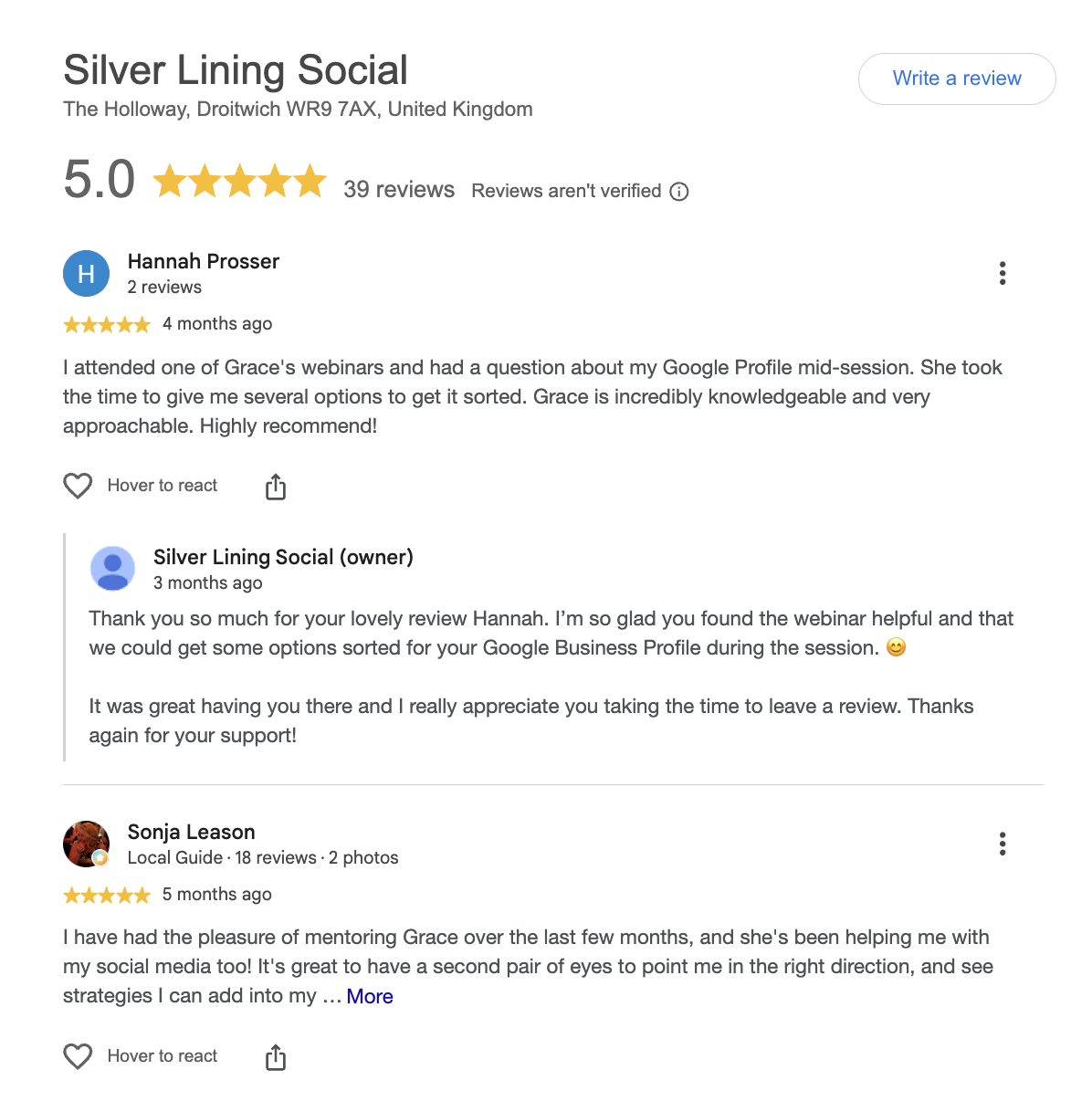 Silver Lining Social Google Business Profile showing a 5-star rating and customer reviews