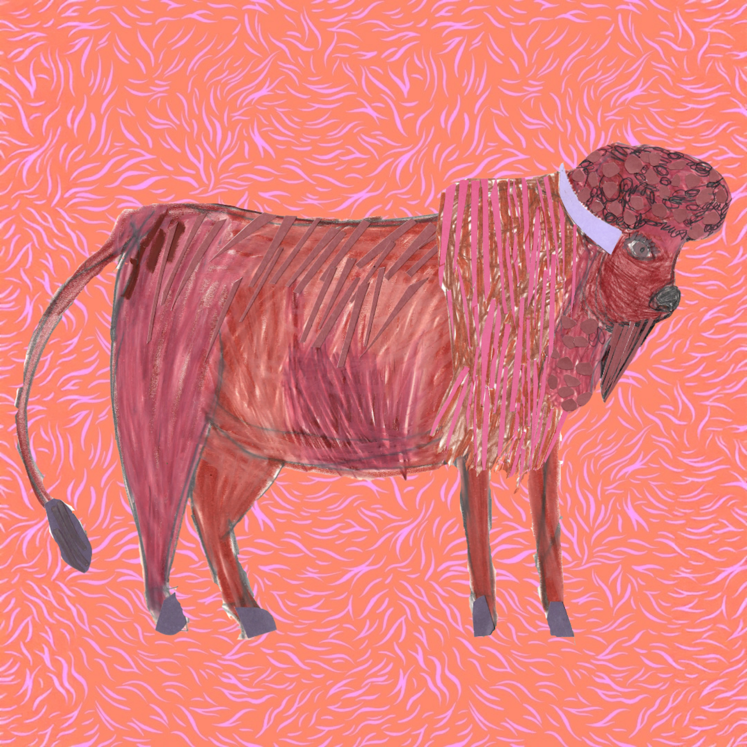 A digitally drawn bison with a pink body, long pink hair, standing against a pink background with orange and purple pattern.