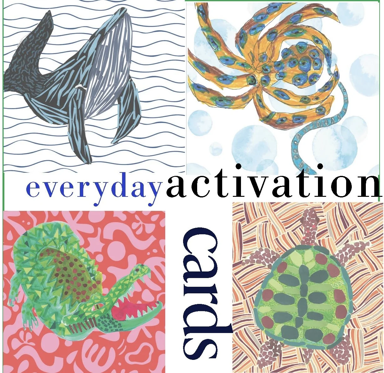 A collage of four colorful, abstract illustrations of animals: a whale, a squid, a chameleon, and a turtle, with the words 'everyday activation' written across the images.