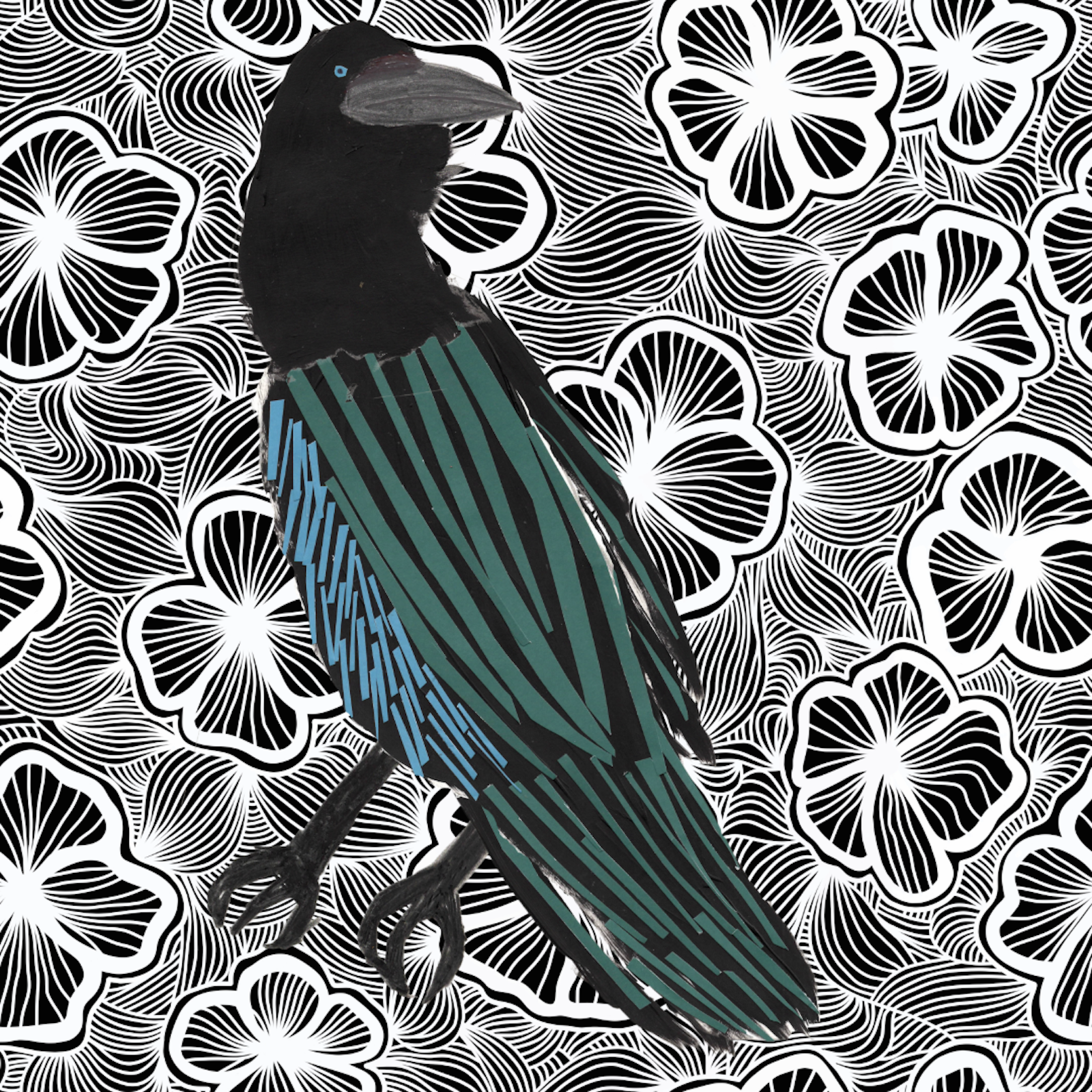 A collage-style image of a raven with a black head and wings, and teal and black striped body, set against a black and white floral patterned background.