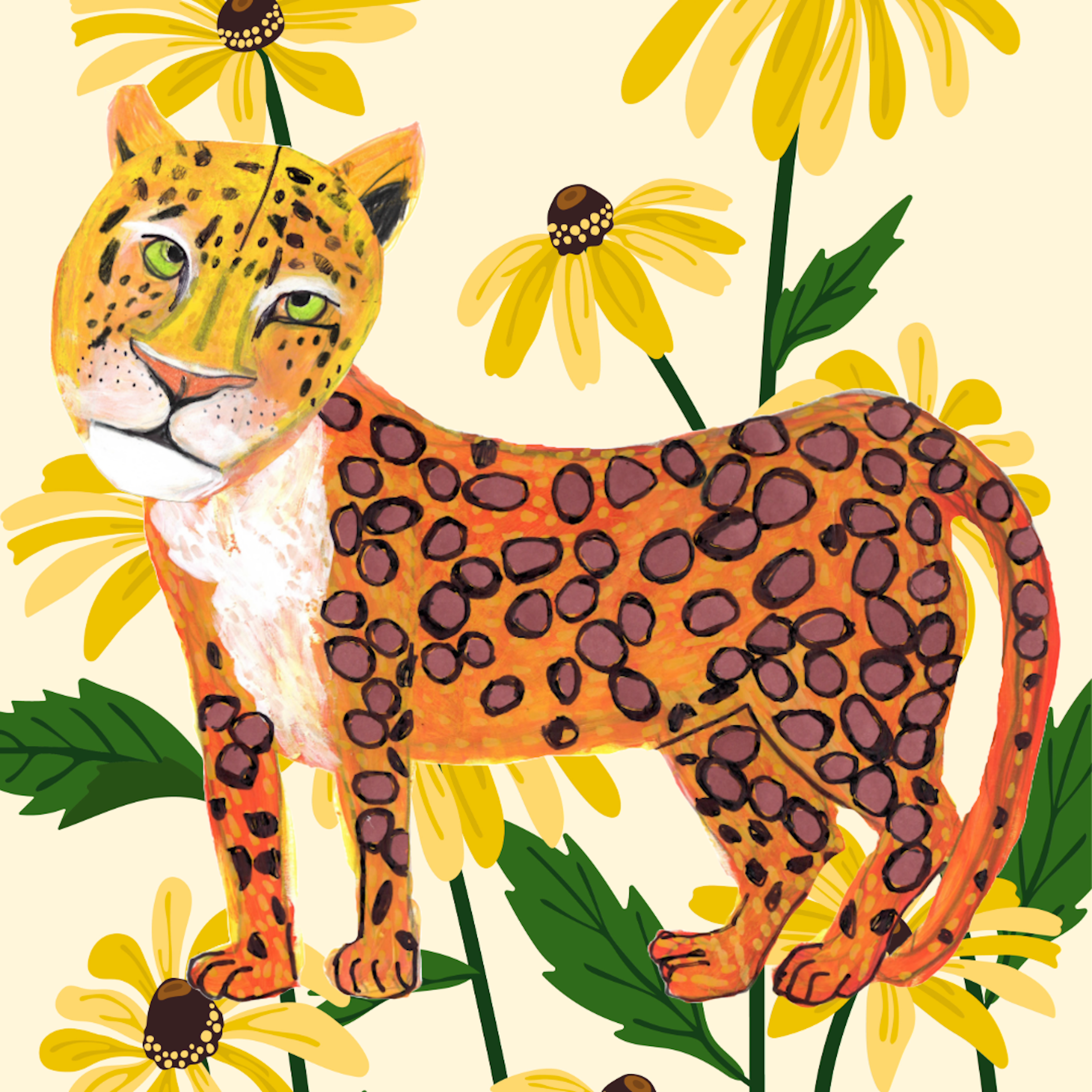 A mixed media illustration of a jaguar surrounded by yellow flowers with green leaves.