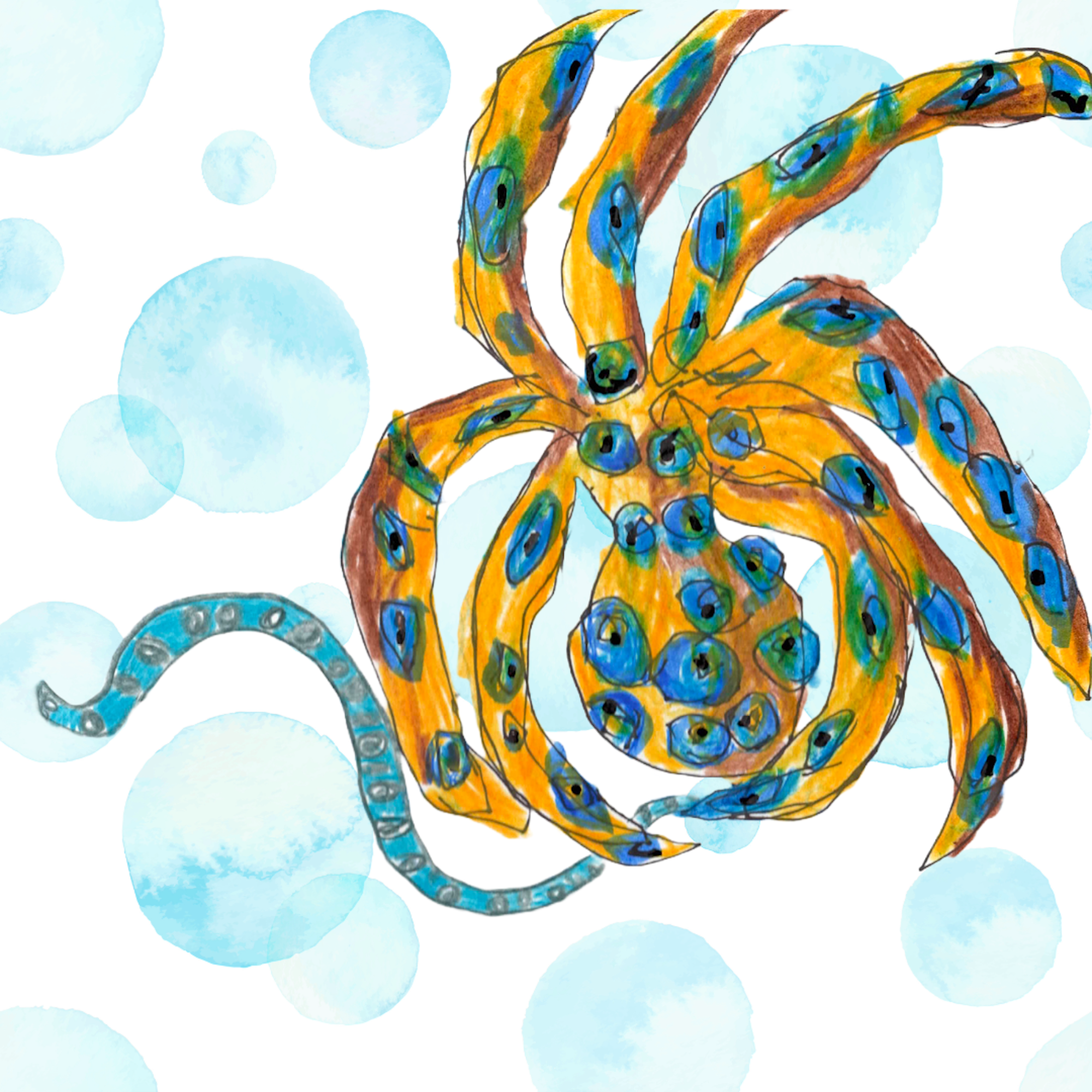 An abstract watercolor illustration of an octopus, decorated with blue circles and spots, set against a background of light blue water bubbles.