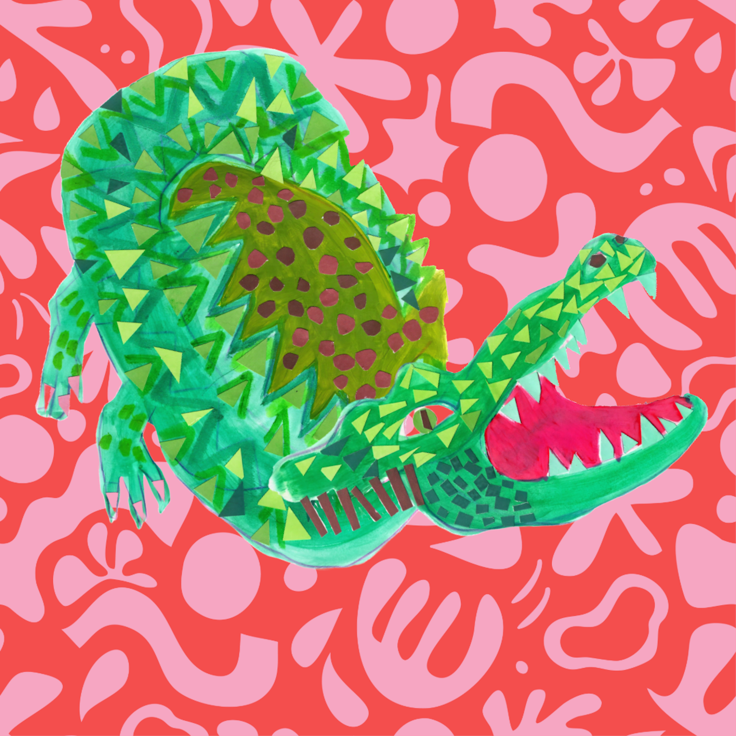 Colorful illustration of an alligator with a green body covered in geometric patterns, set against a pink and red abstract background.