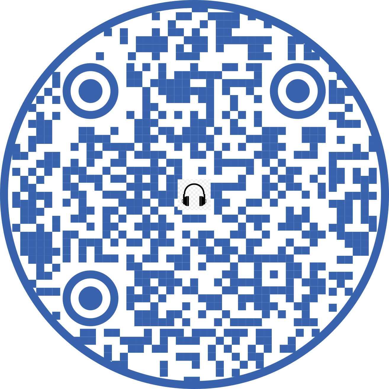 Blue and white QR code with a small headphone icon in the center.