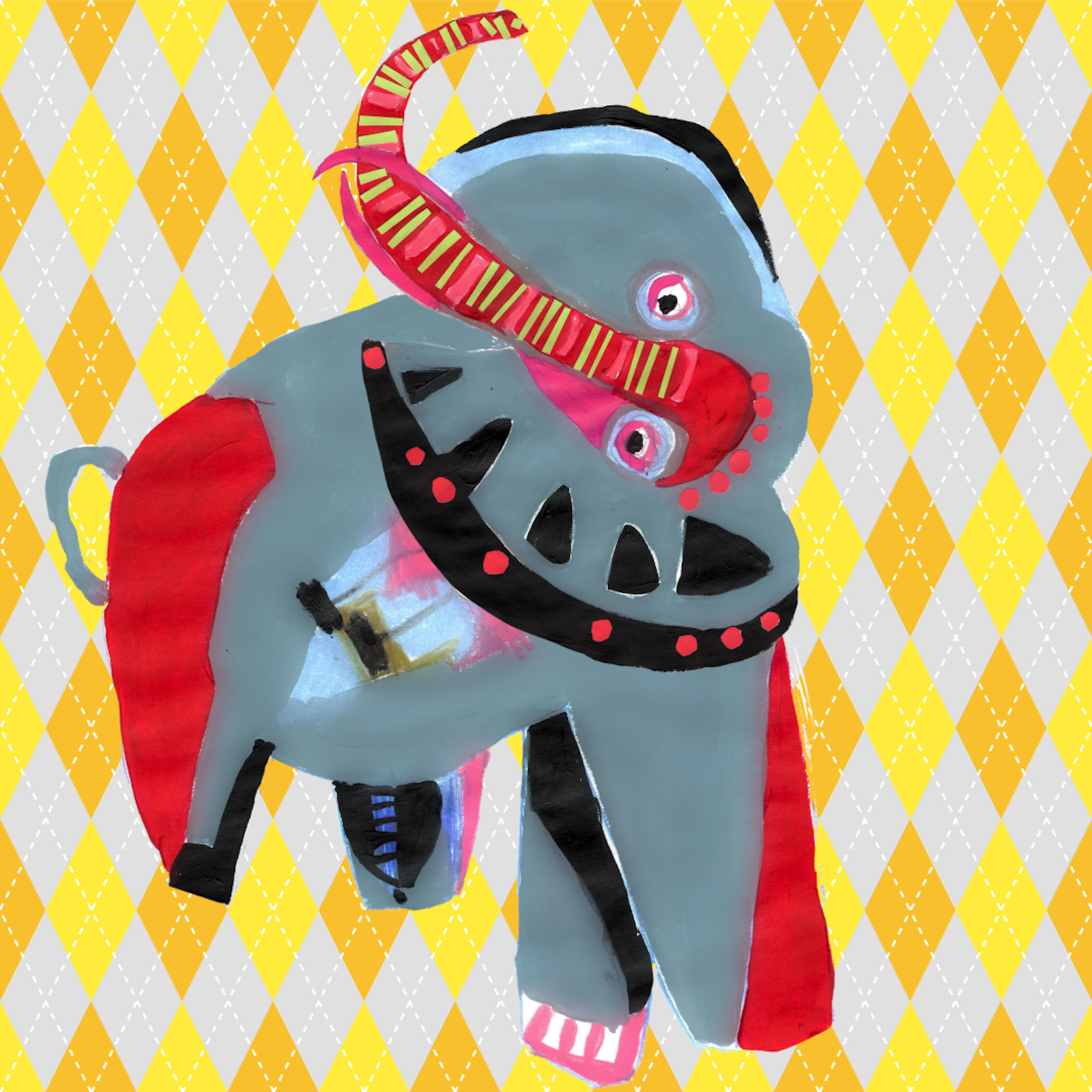 A colorful, abstract painting of an elephant with a red cape, black collar with red dots, and pink and red accents, set against a yellow and white argyle patterned background.