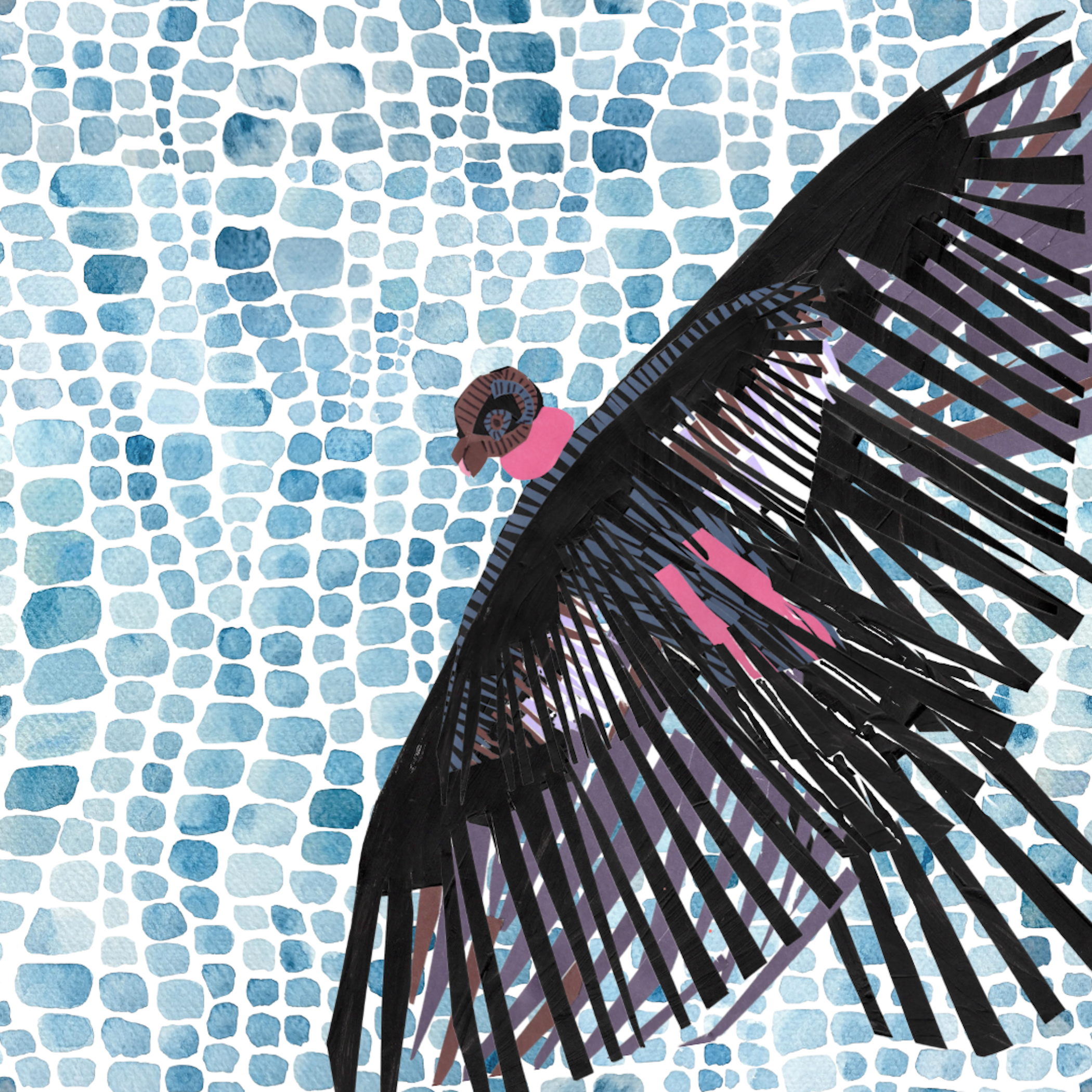 Watercolor illustration of a raven with pink on the chest, perched on a branch against a blue and white mosaic background.