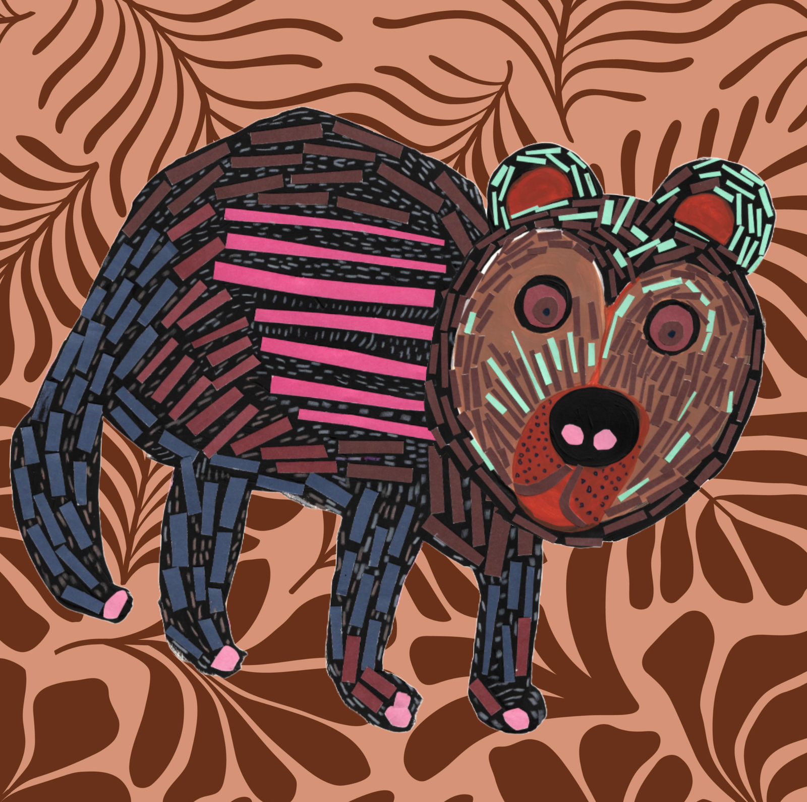 Illustration of a bear made with geometric shapes and vibrant colors, set against a patterned brown background.