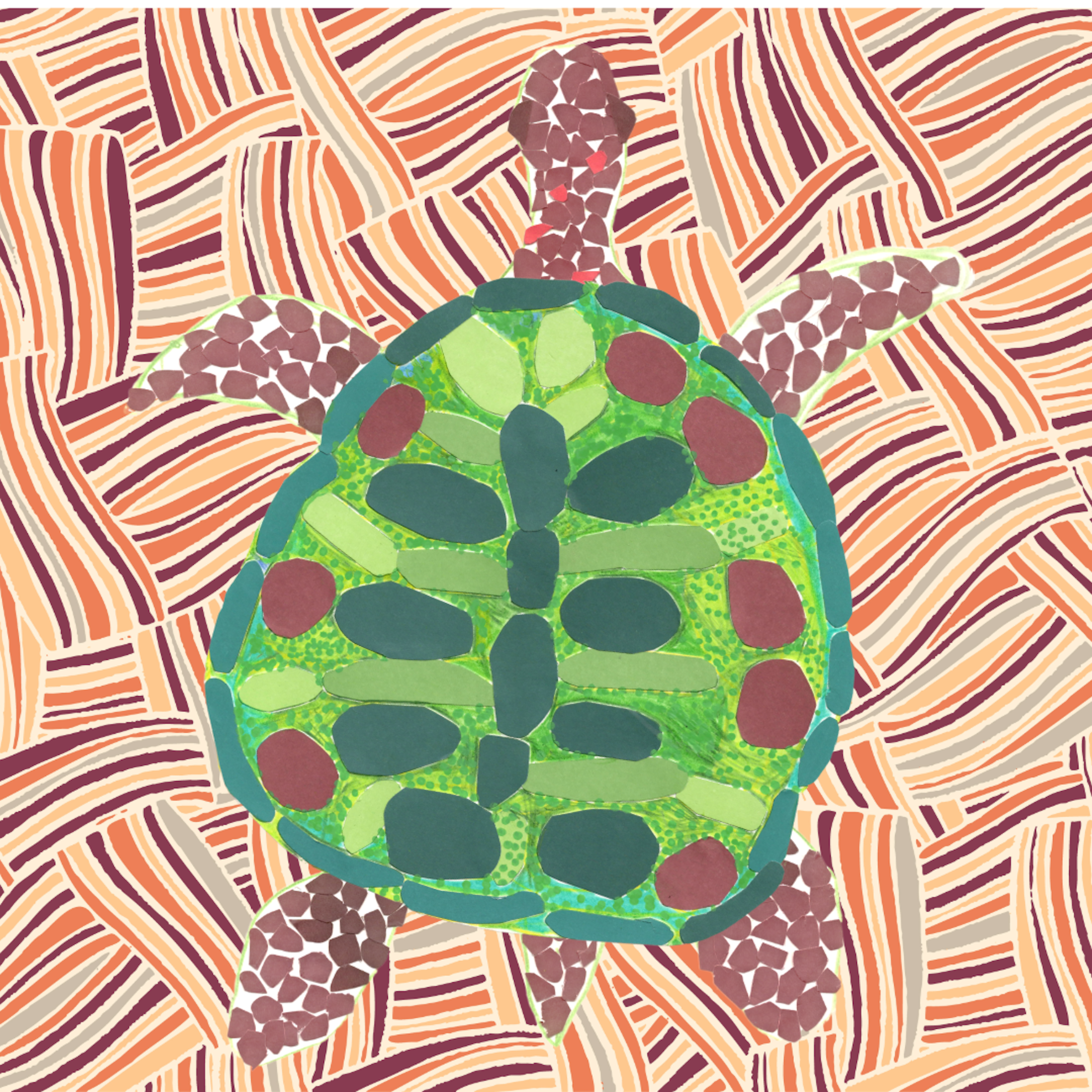 Colorful mosaic-style illustration of a turtle with a green shell and patterned limbs and head, on a background of wavy orange, beige, and maroon lines.