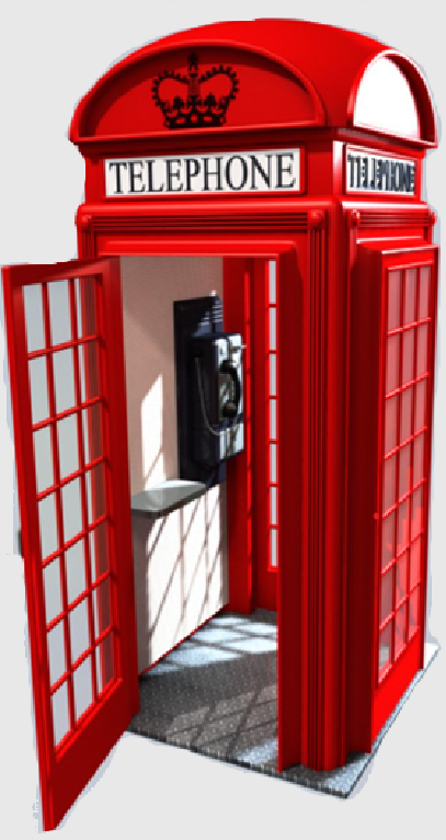 A traditional red British telephone booth with open doors, revealing a black rotary payphone inside.