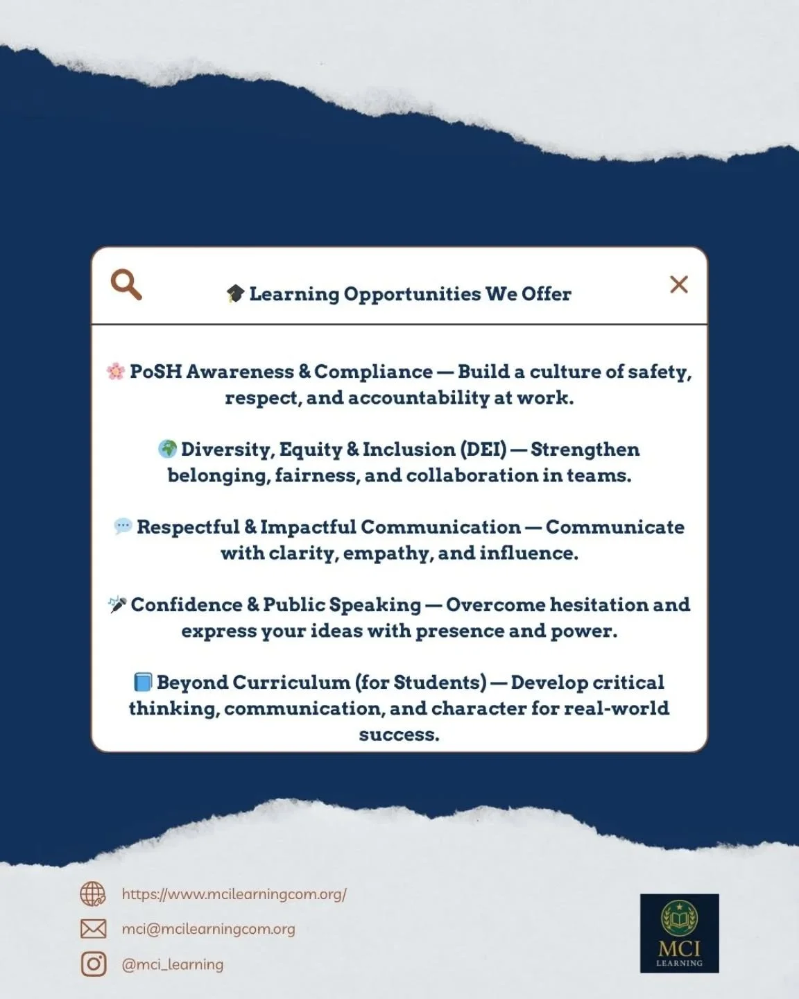 We&rsquo;re here to guide learners; from school desks to corporate halls, to become their best selves, one mindful step at a time.
.
[ MCI Learning , Education , Educator , Educational Institute , Confidence Coach , Success , Leadership, Training , C