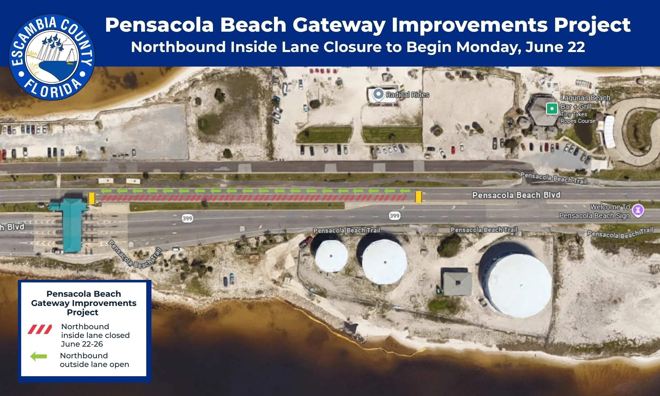 Northbound Pensacola Beach Boulevard Temporary Lane Closure Begins June 22