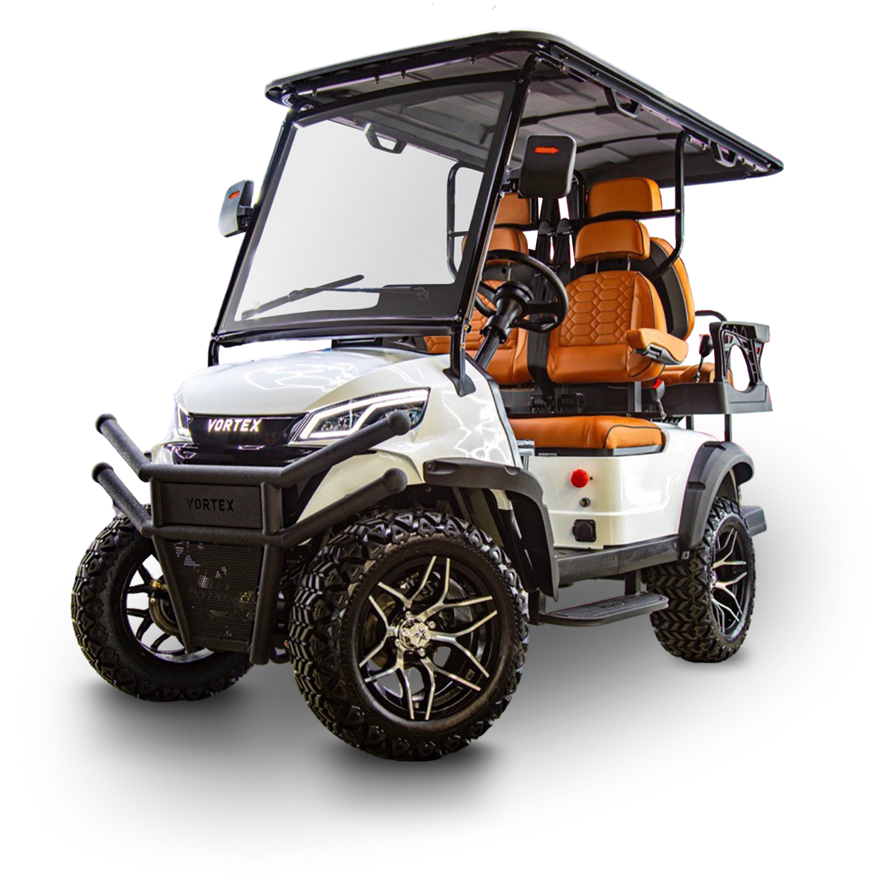 A golf cart with an off-road design, black wheels with large tread tires, white body, and tan leather seats, isolated on a black background.