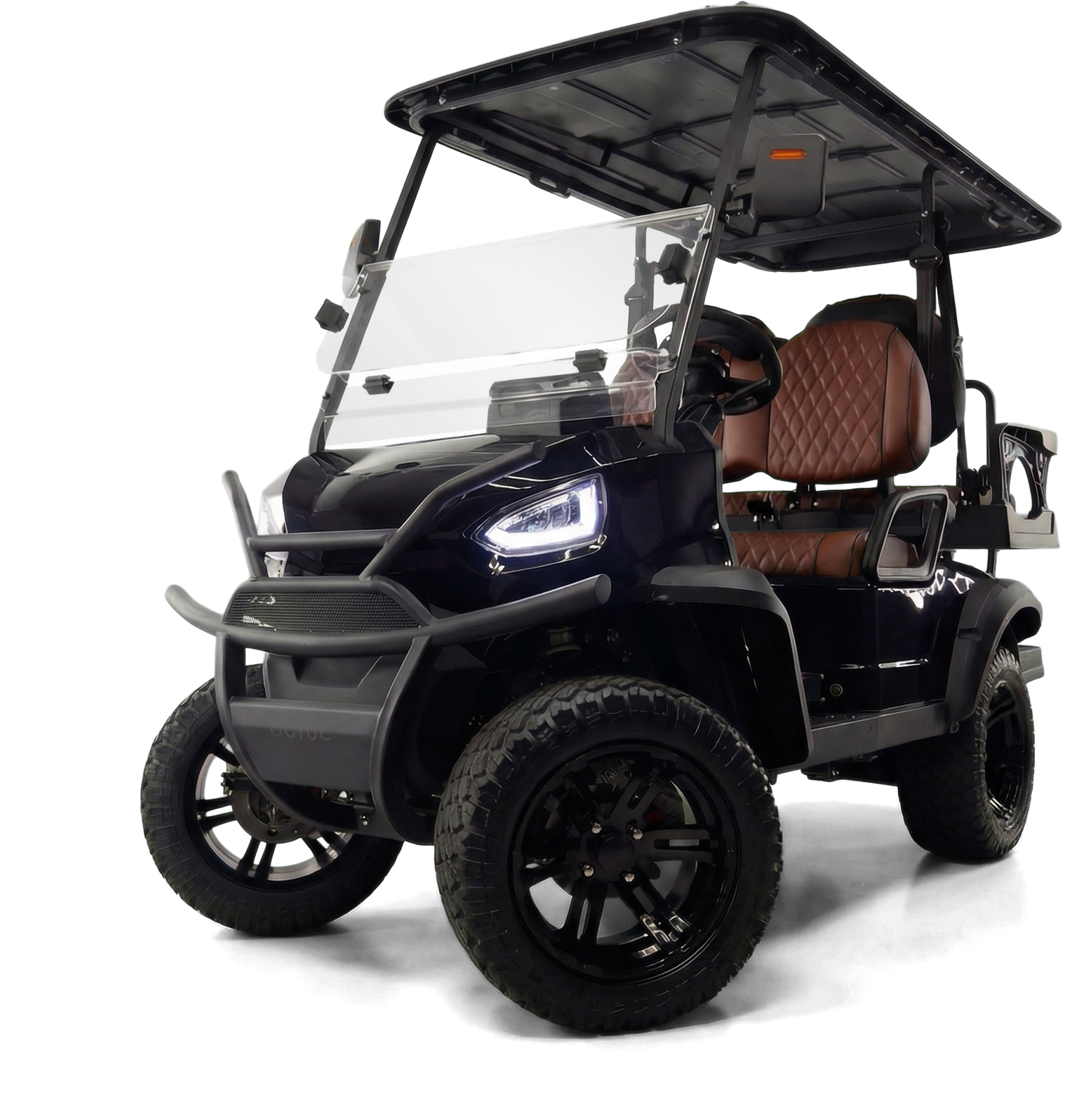 A black golf cart with a roof, clear windshield, brown leather seats, large tires, and front headlights visible.