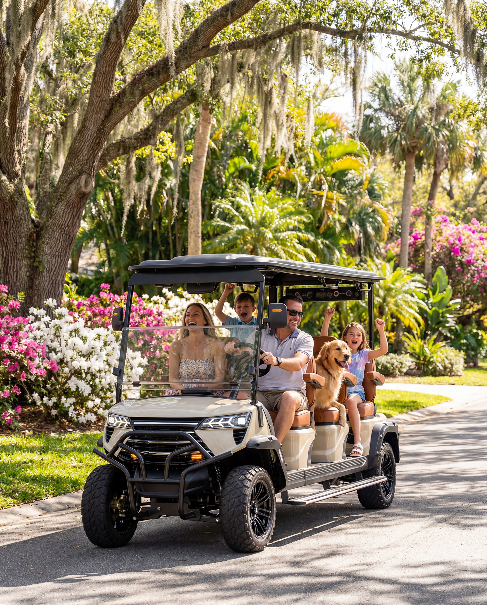 Family riding a golf cart through a lush, flowering garden with tall green trees and bright pink and white flowers.