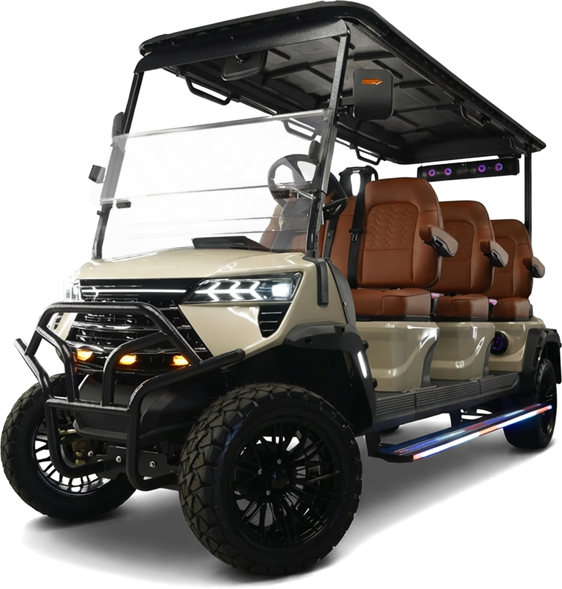 A golf cart with a black roof, tan leather seats, and large off-road tires, featuring modern headlights and a metallic body.