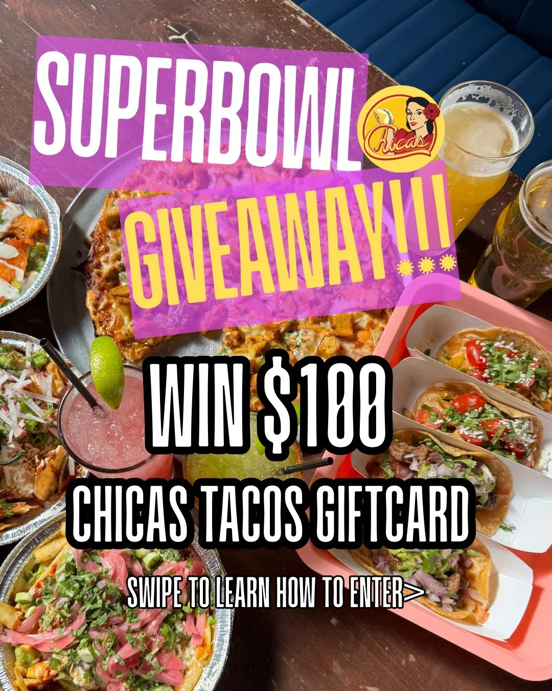 🏈 SUPER BOWL GIVEAWAY 🏈 
We&rsquo;re giving away a $100 Chicas gift card to fuel your game day spread 🌮🔥

How to enter: 
1️⃣ Follow @chicastacos 2️⃣ Like this post 3️⃣ Tag 2 friends you&rsquo;d bring with you
✨ Must complete all 3 to win ✨

Winne
