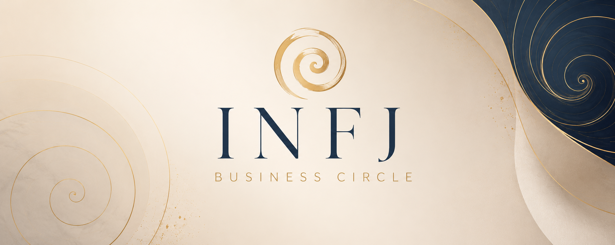 Design for a business event called INFL Business Circle with a gold spiral logo and navy and gold accents on a beige background.
