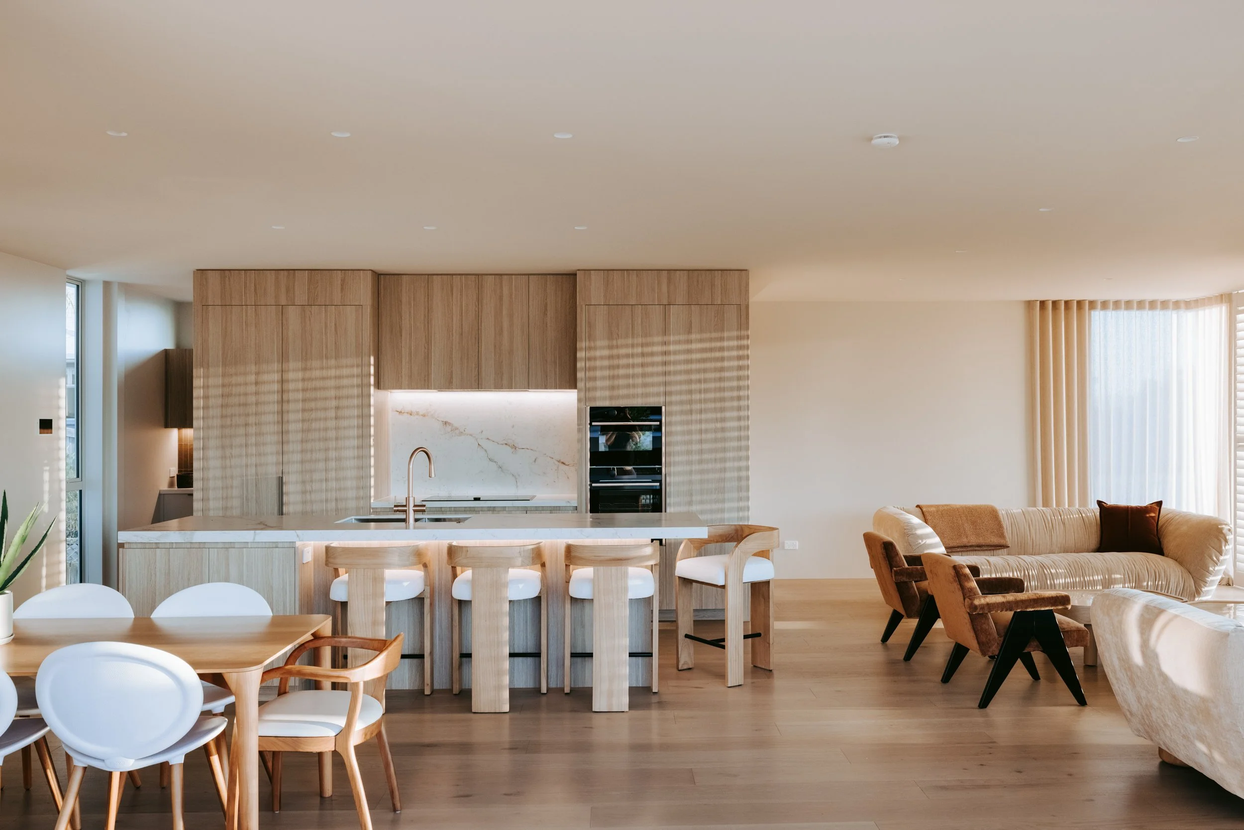 Kitchen of Palm Springs Mount Maunganui renovation with warm, natural materials