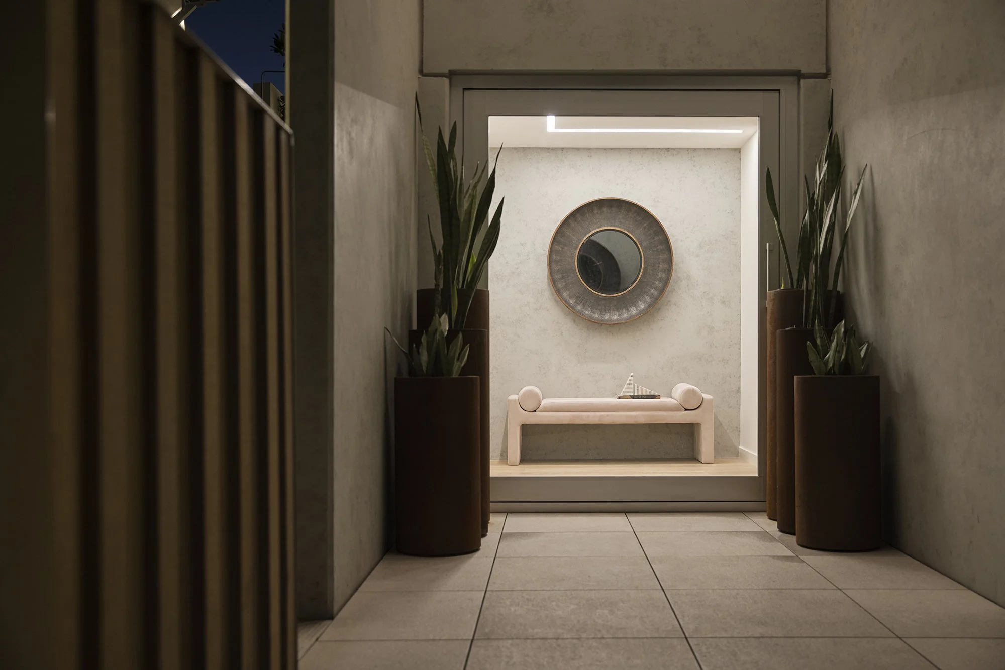 Entryway of Surf’s Edge Tauranga home with contemporary coastal design