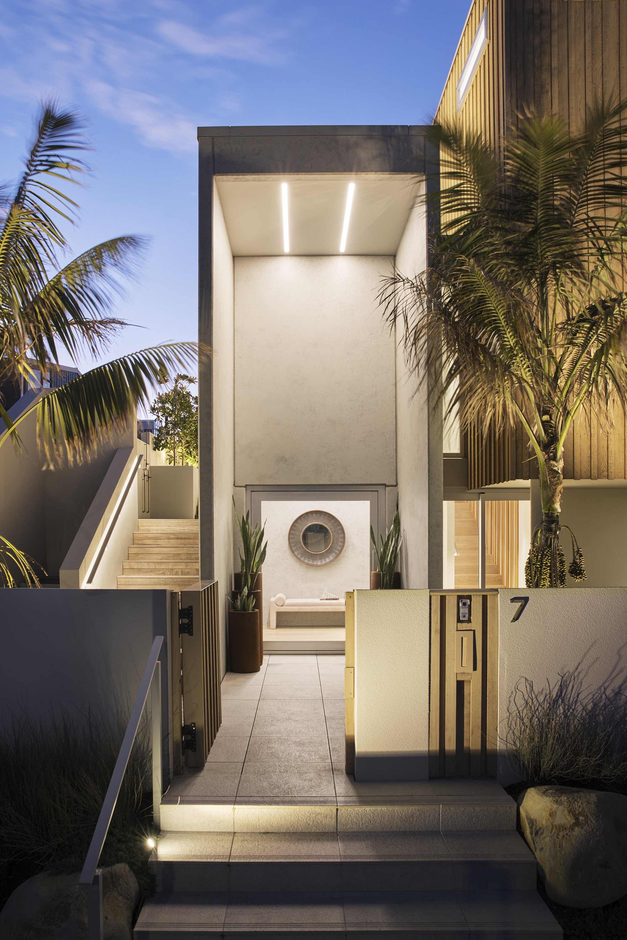 Entryway of Surf’s Edge Tauranga home with contemporary coastal design