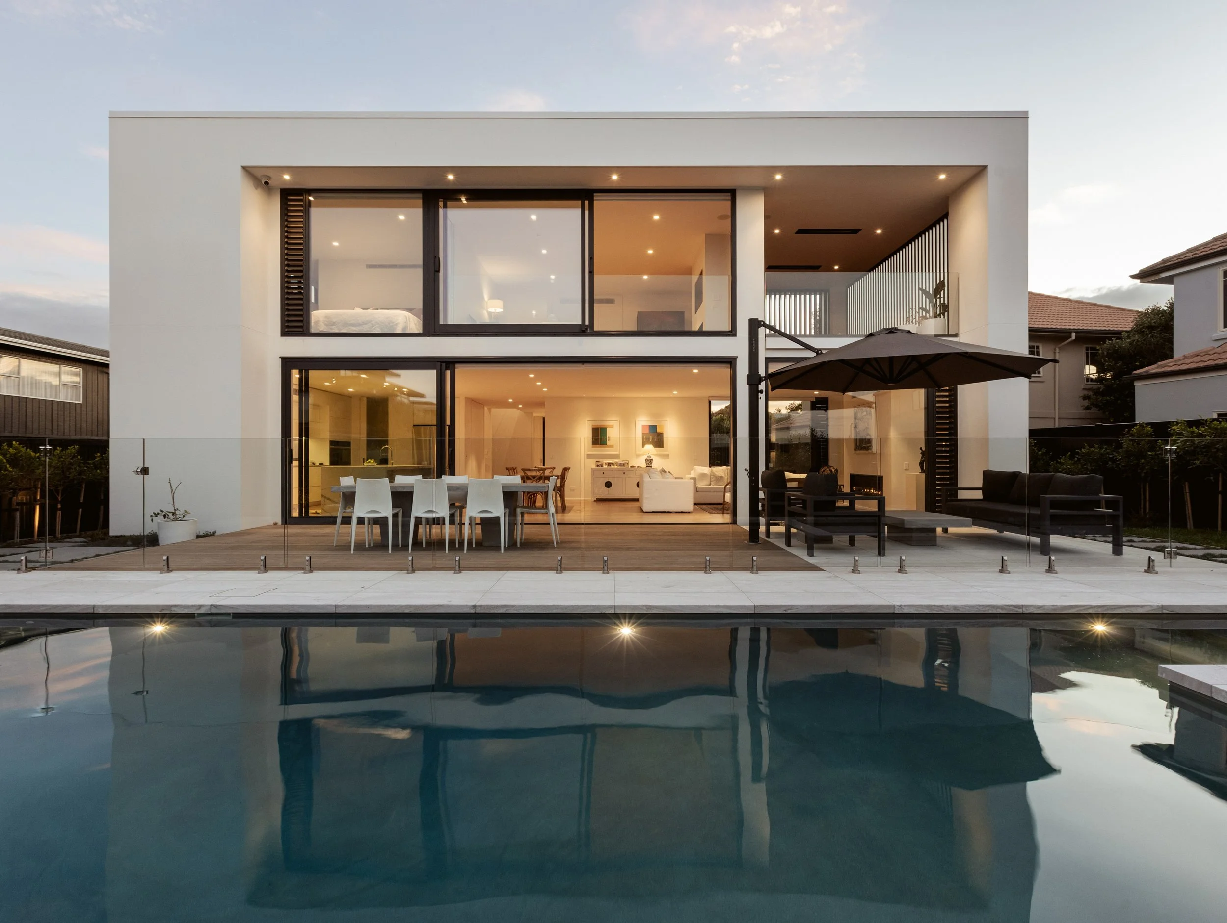 Front view of Beachside Minimalism Tauranga home showcasing minimalist coastal design and pool