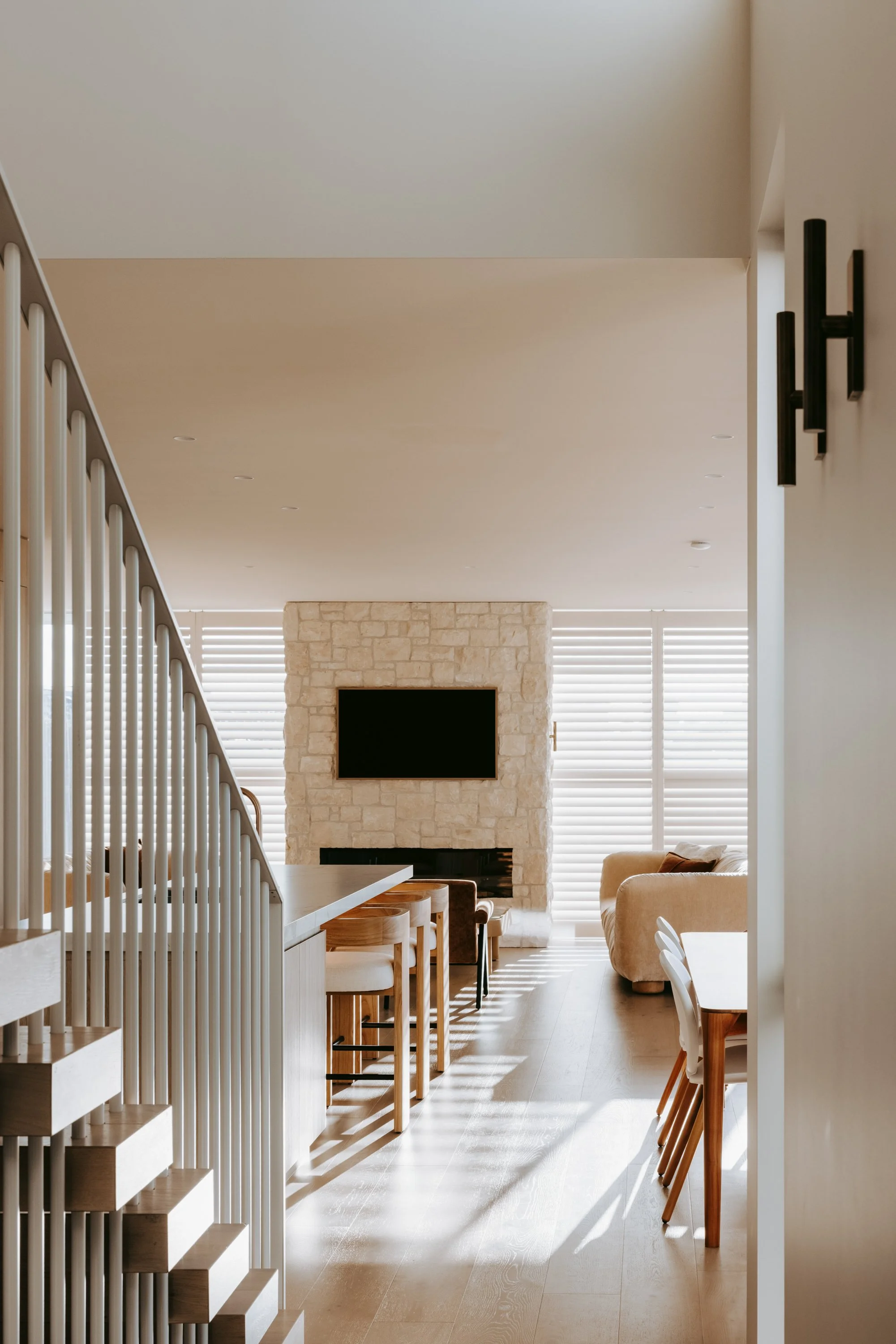 View from hallway to dining and kitchen area in Palm Springs Mount Maunganui home renovation