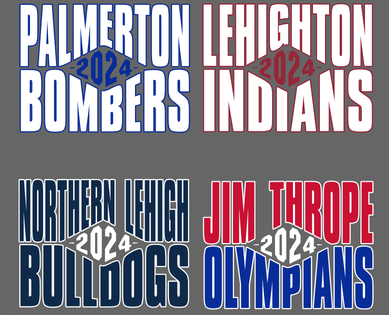 Text graphic with team names and year 2024: Palmerton Bombers, Lehighton Indians, Northern Lehigh Bulldogs, Jim Thorpe Olympians, all in different colors.