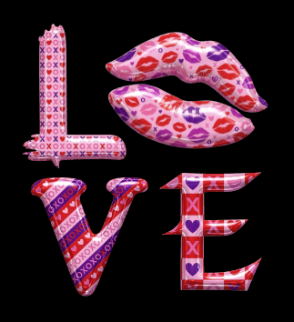 Colorful decorative letters spelling 'LOVE' with lips replacing the letter 'O', decorated with kiss marks and hearts.