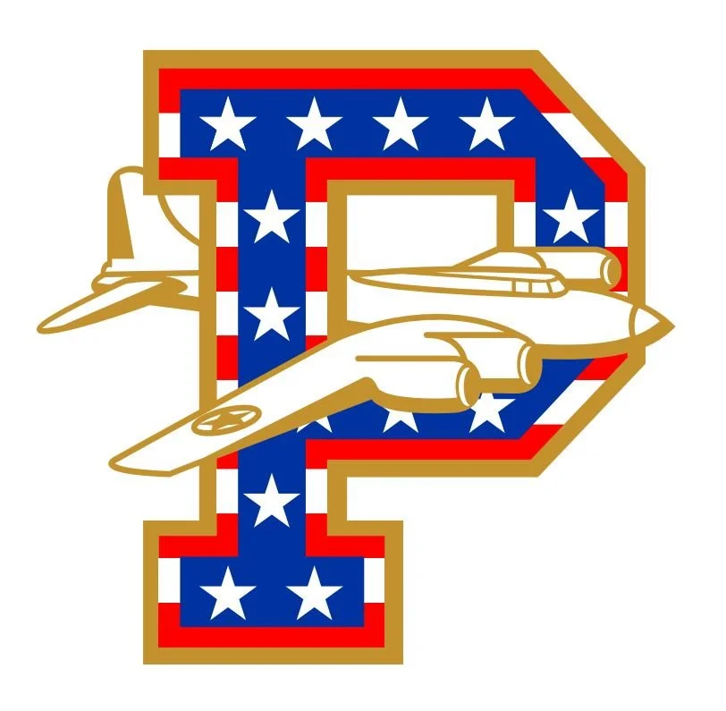 Graphic design featuring a large capital letter 'P' decorated with the American flag pattern, with a fighter jet outlined in gold crossing through the letter.
