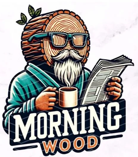 Cartoon figure with a log for a head, wearing glasses, reading a newspaper, holding a coffee mug, with a beard and mustache, labeled 'Morning Wood'.