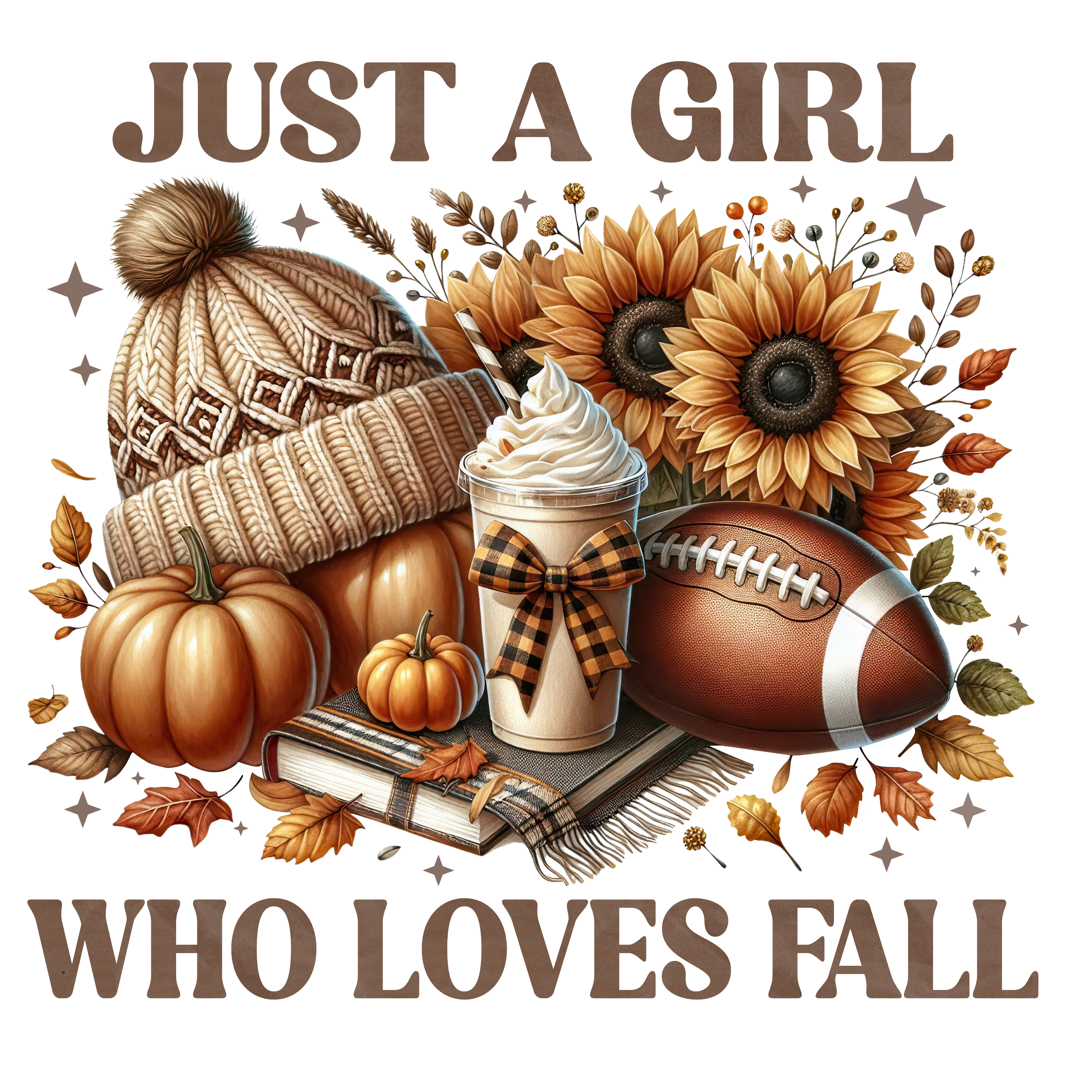 Autumn-themed illustration with pumpkins, sunflowers, a knit hat, a book, a coffee cup, football, and the text 'Just a girl who loves fall'.